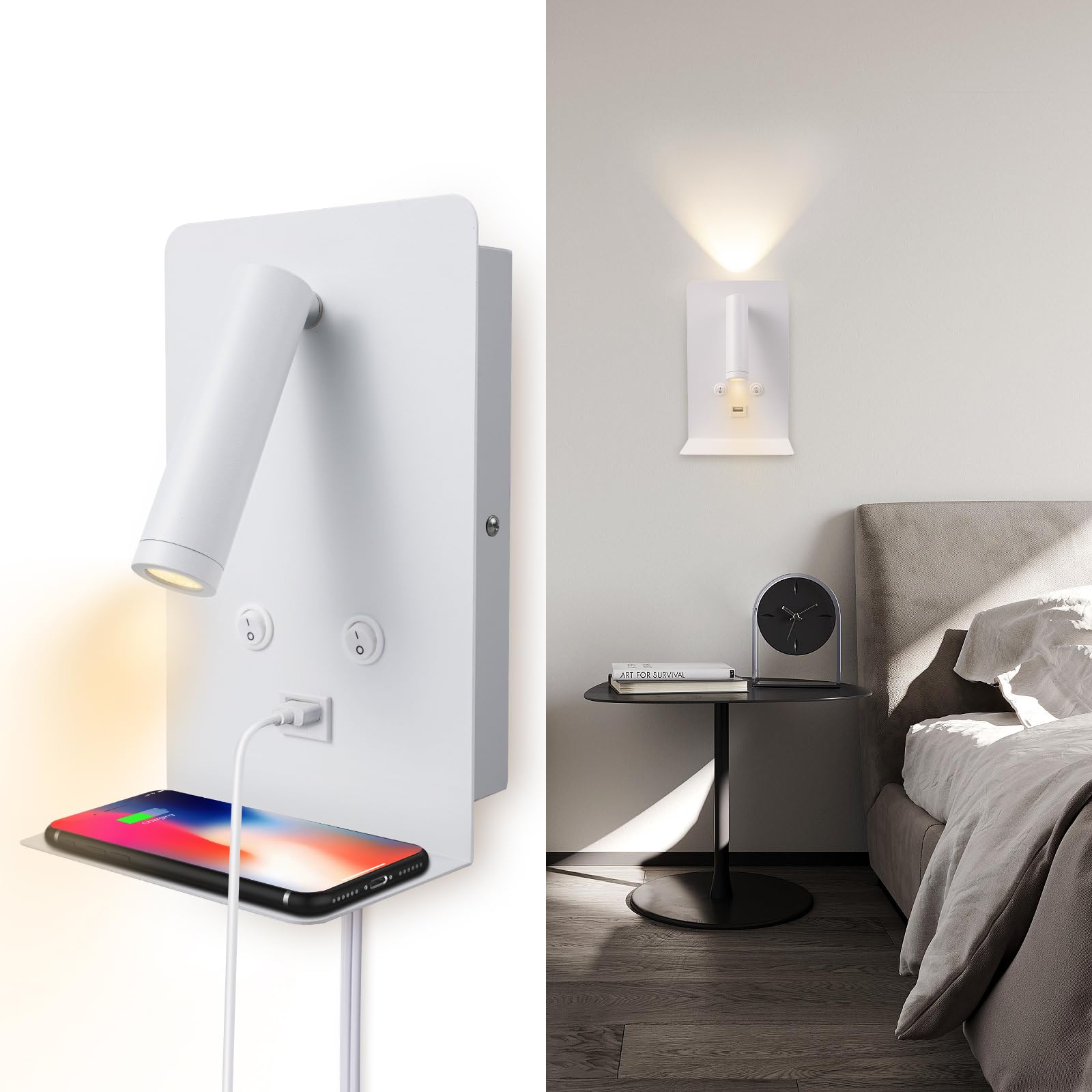 HYMELA M03 Wall Mounted Reading Light with Shelf 350 Rotatable Bedside Reading Wall Sconces with USB Port Adjustable Spotlight H