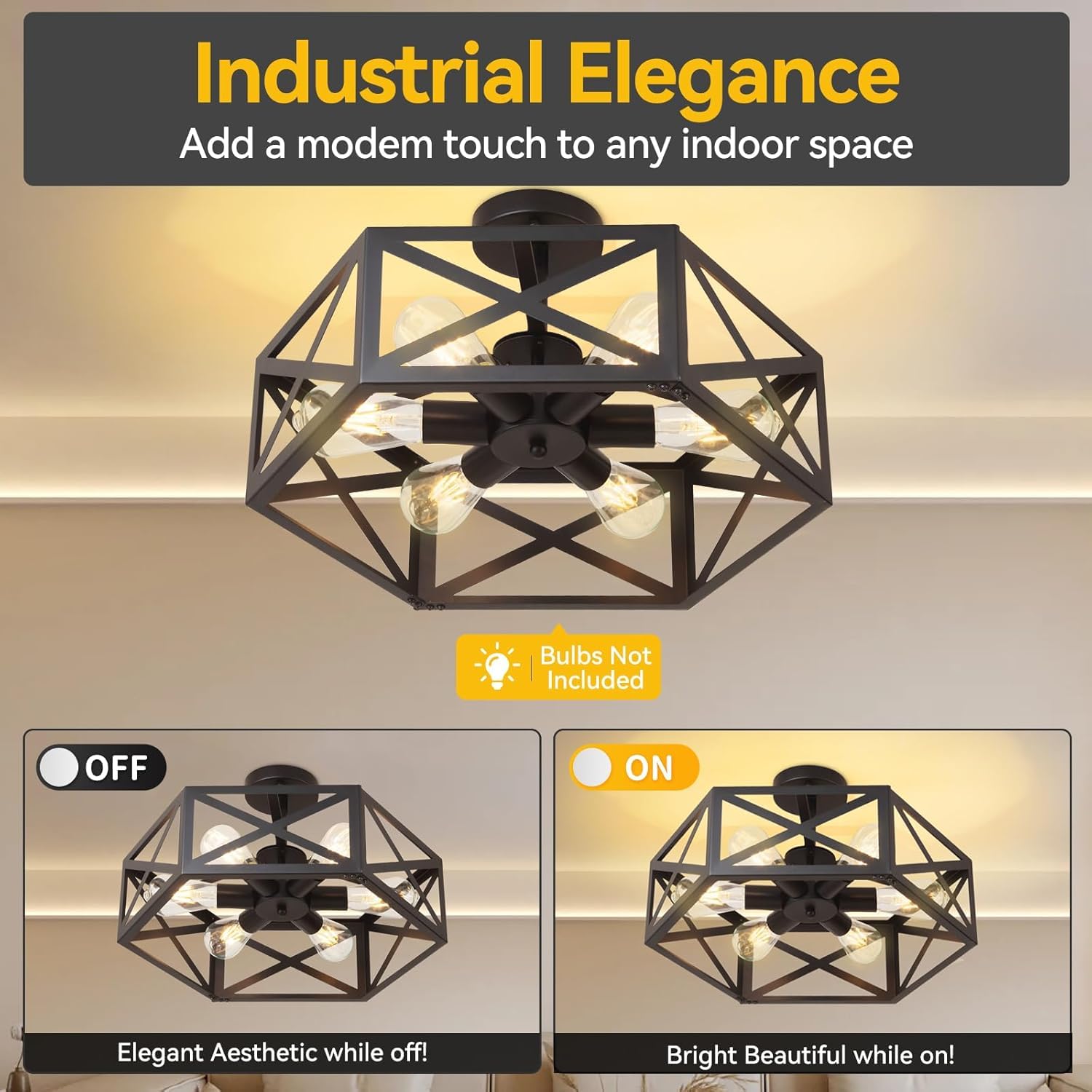 Aibisod Semi Flush Mount Ceiling Light Fixtures, 6-Light Modern Metal Farmhouse Semi Flush Mount Chandelier, Industrial Ceiling