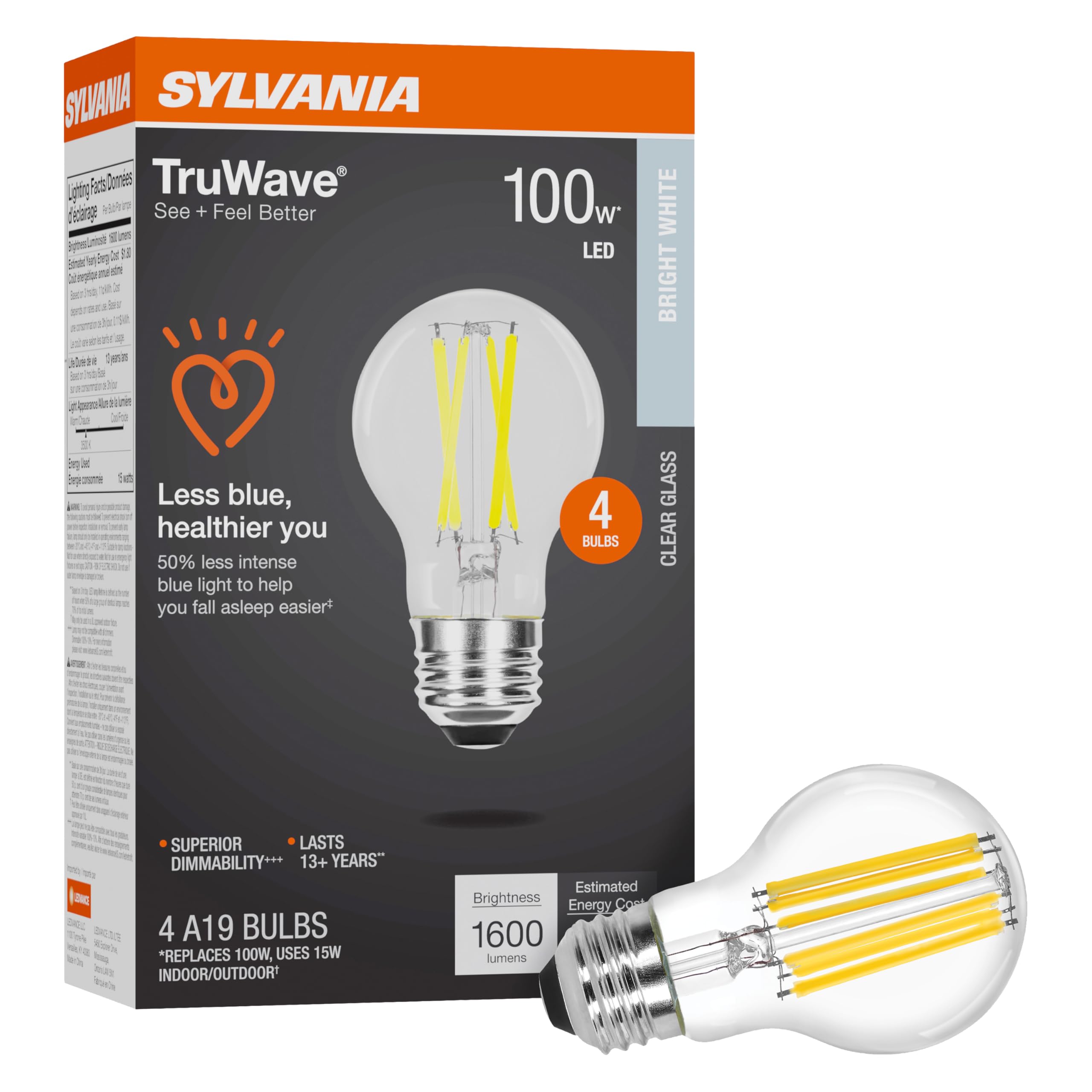 Sylvania Led Truwave Natural Series A19 Light Bulb, 100W Equivalent, Efficient 15W, 1600 Lumens, Medium Base, Dimmable, Clear, 3