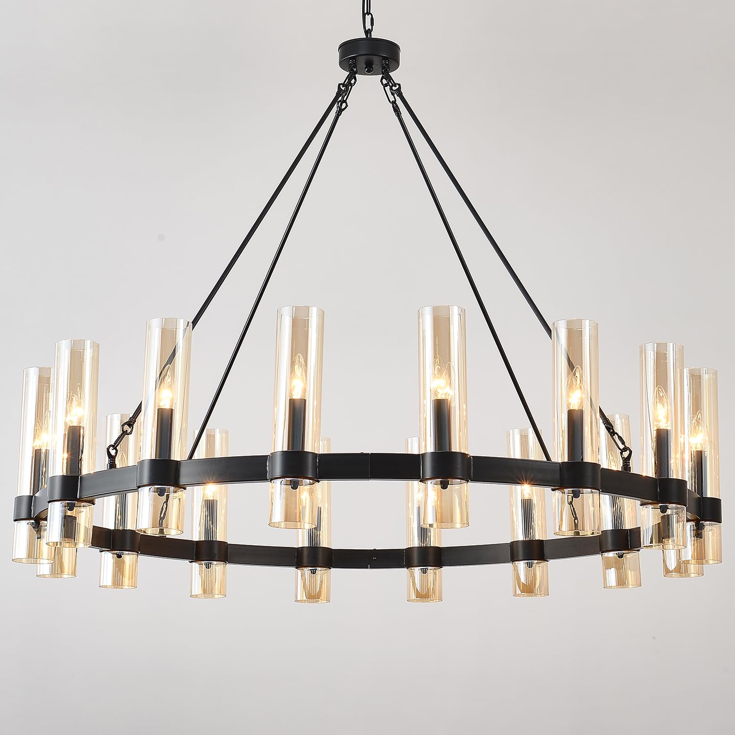Jklx 48 Inch Black Wagon Wheel Chandelier, 16 Lights, With Brown Glass Shade, Large Hanging High Ceilings Chandeliers For Dining