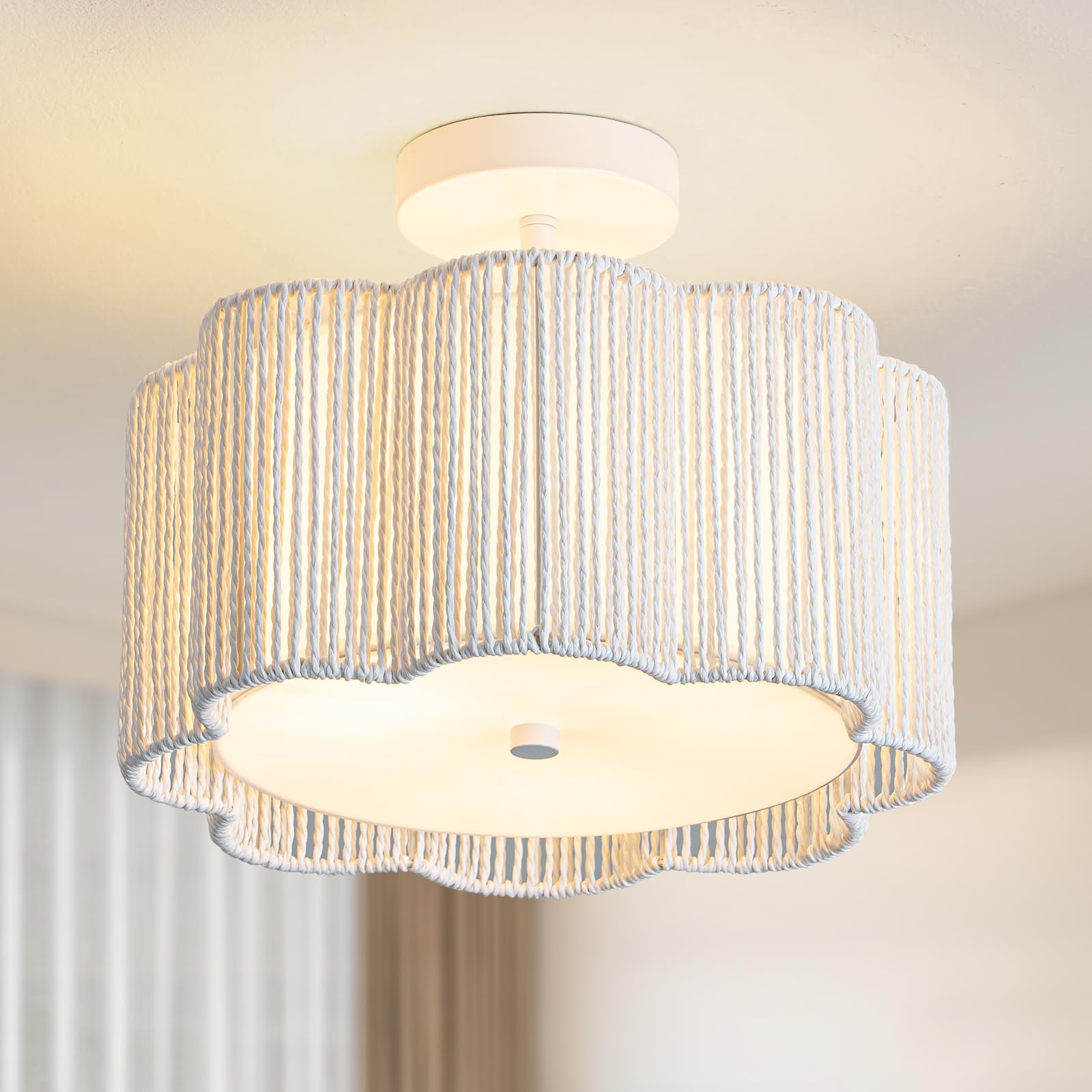 Tbaoinla Boho Light Fixture & Rattan Ceiling Light - Snow Blossom Flush Mount With Desert Moon Textures, White Woven Design For 