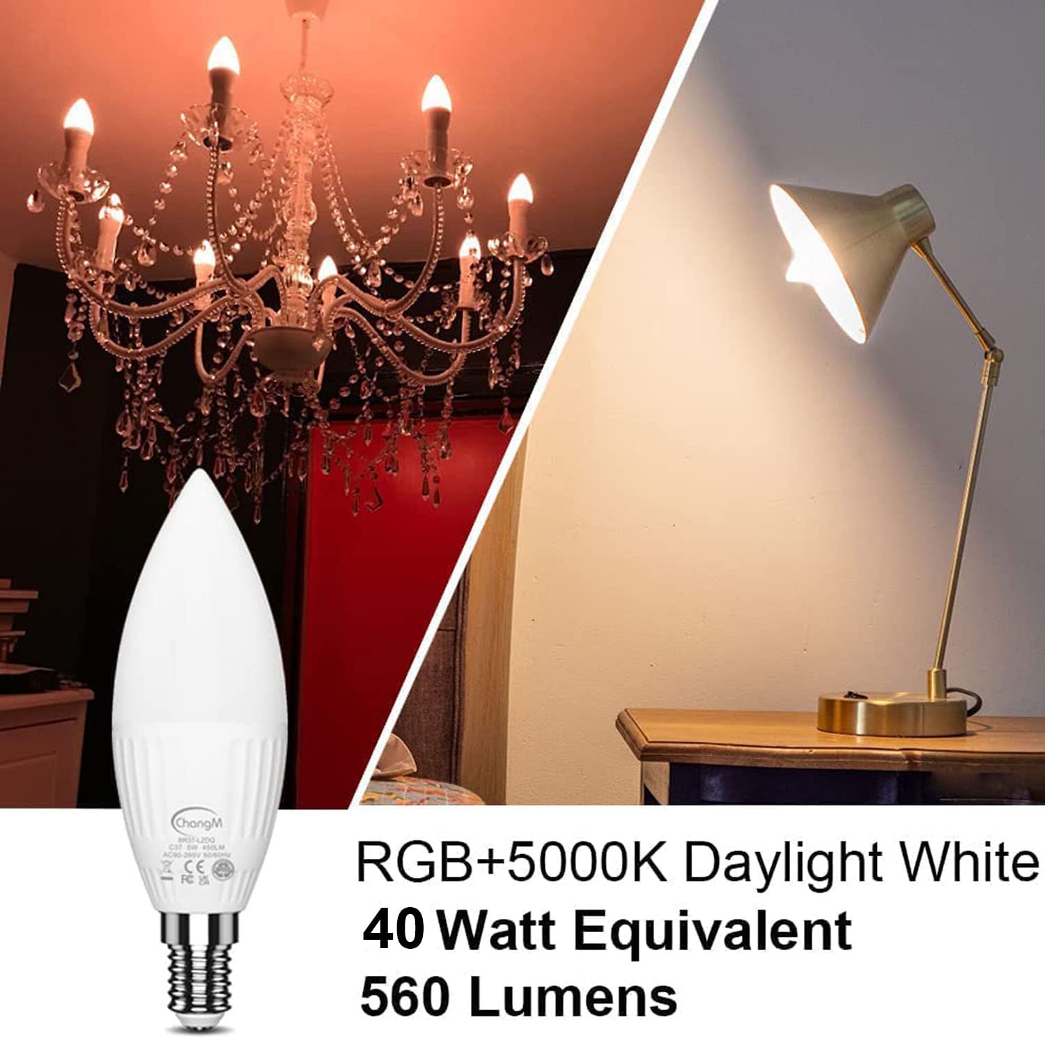 ChangM E12 LED Candelabra Bulbs, 40W Equivalent, Color Changing RGB + 5000K, 10 Pack, Remote Control, Small Screw Base