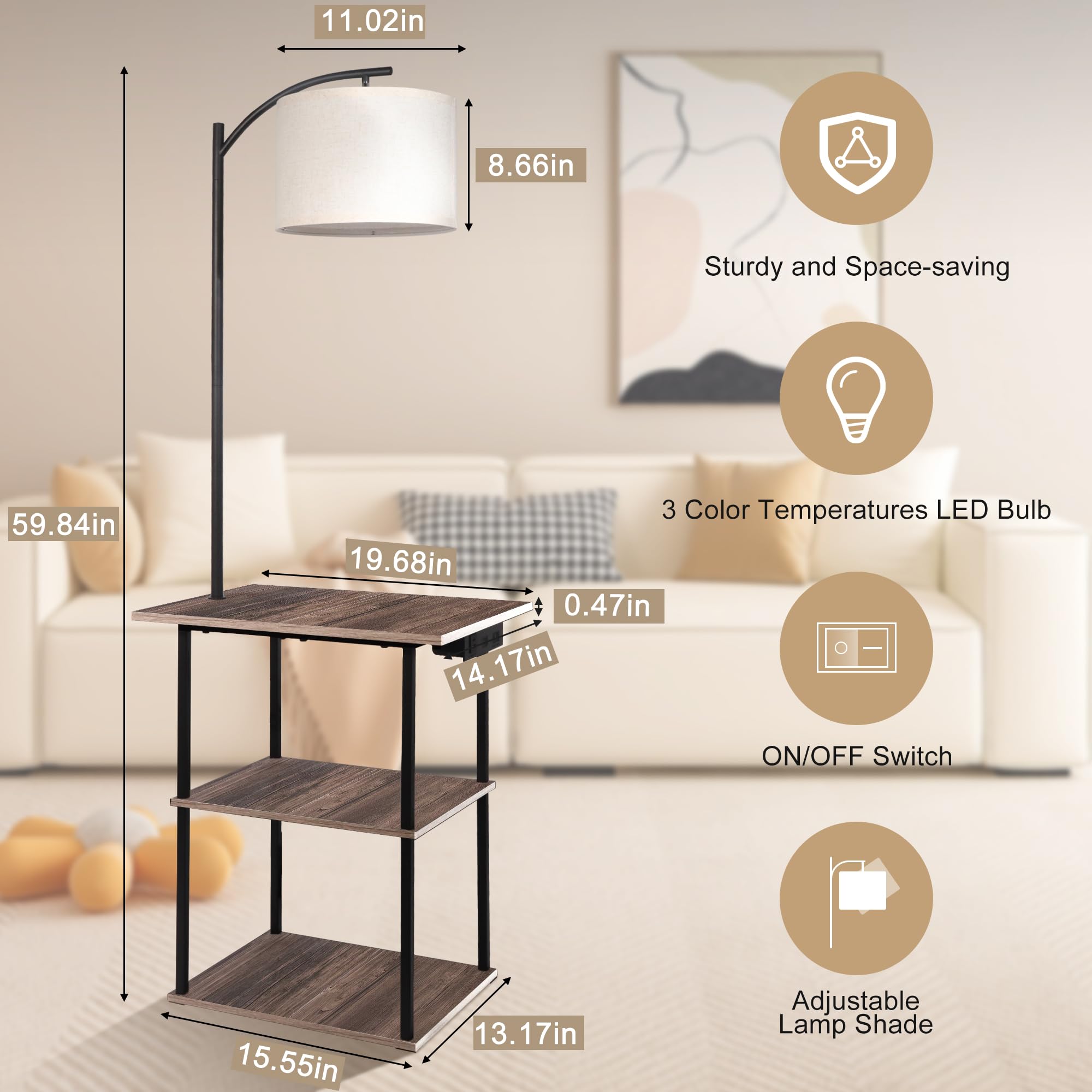Pesrae Floor Lamp With Table,Lamps For Nightstand With Charging Station(Usb & Type-C & Ac Port), 3 Color Temperatures 9W Led Bul