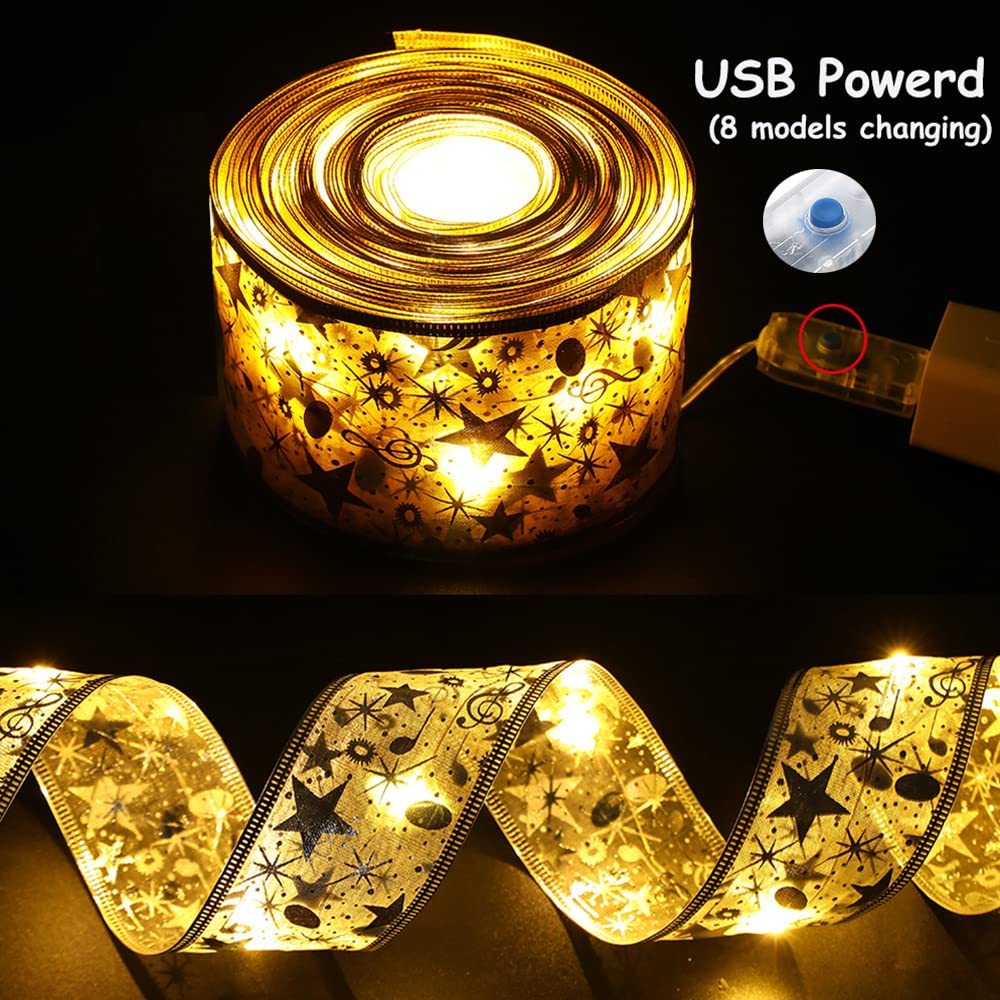 Gihoo Christmas Tree Decorations String Lights 32Ft 100 Led Lights Copper Wire Ribbon Bows Lights For Party Weddings Holiday Christmas Tree Decorations (Width 5Cm Gold Warm Light)