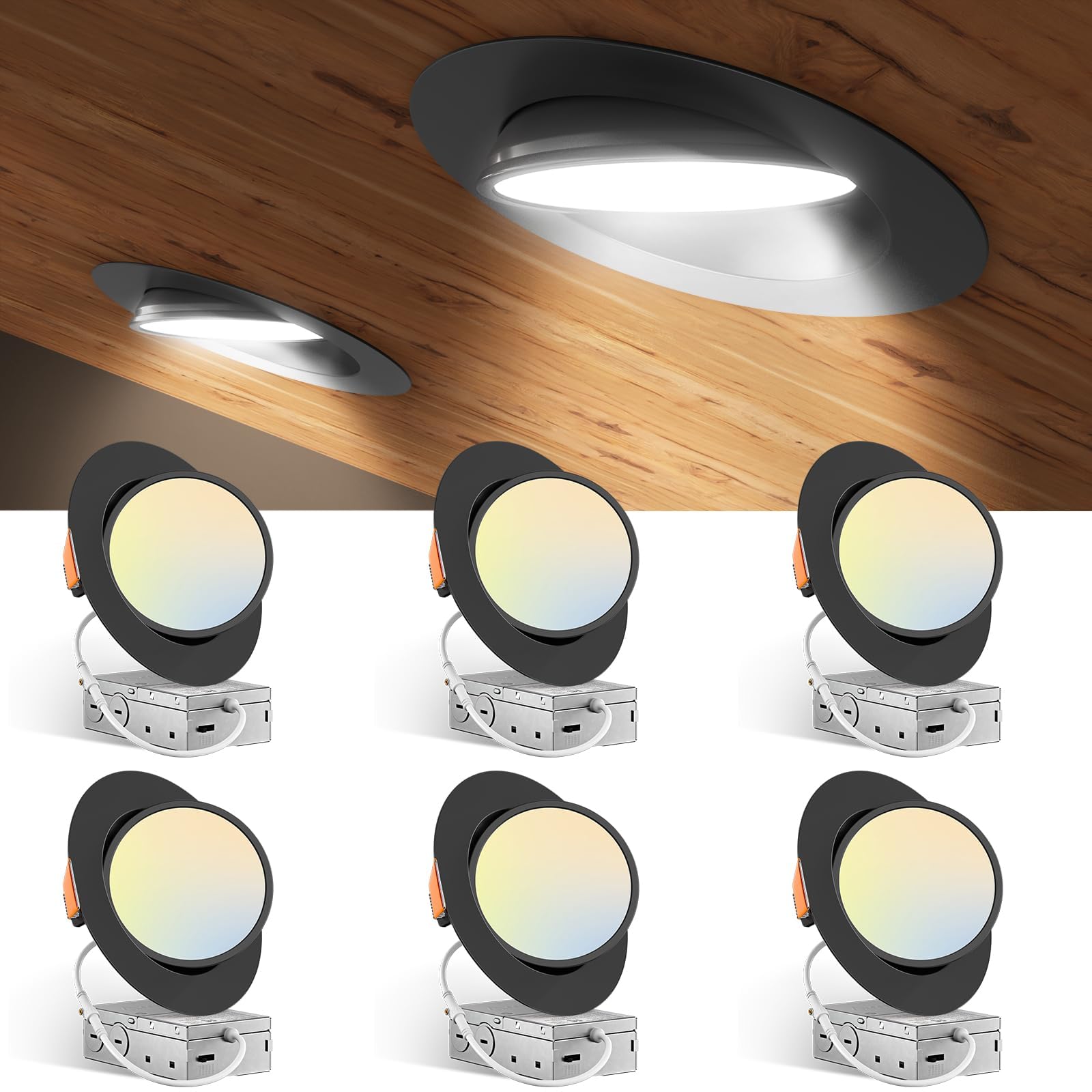 Amico 6 Pack 6 Inch 5Cct Gimbal Led Recessed Lighting  360&90 Adjustable Eyeball Directional Downlight  Dimmable  2700K/3000K/3500K/4000K/5000K Selectable  Cri90+ 12W 1200Lm  Black  Etl&Fcc