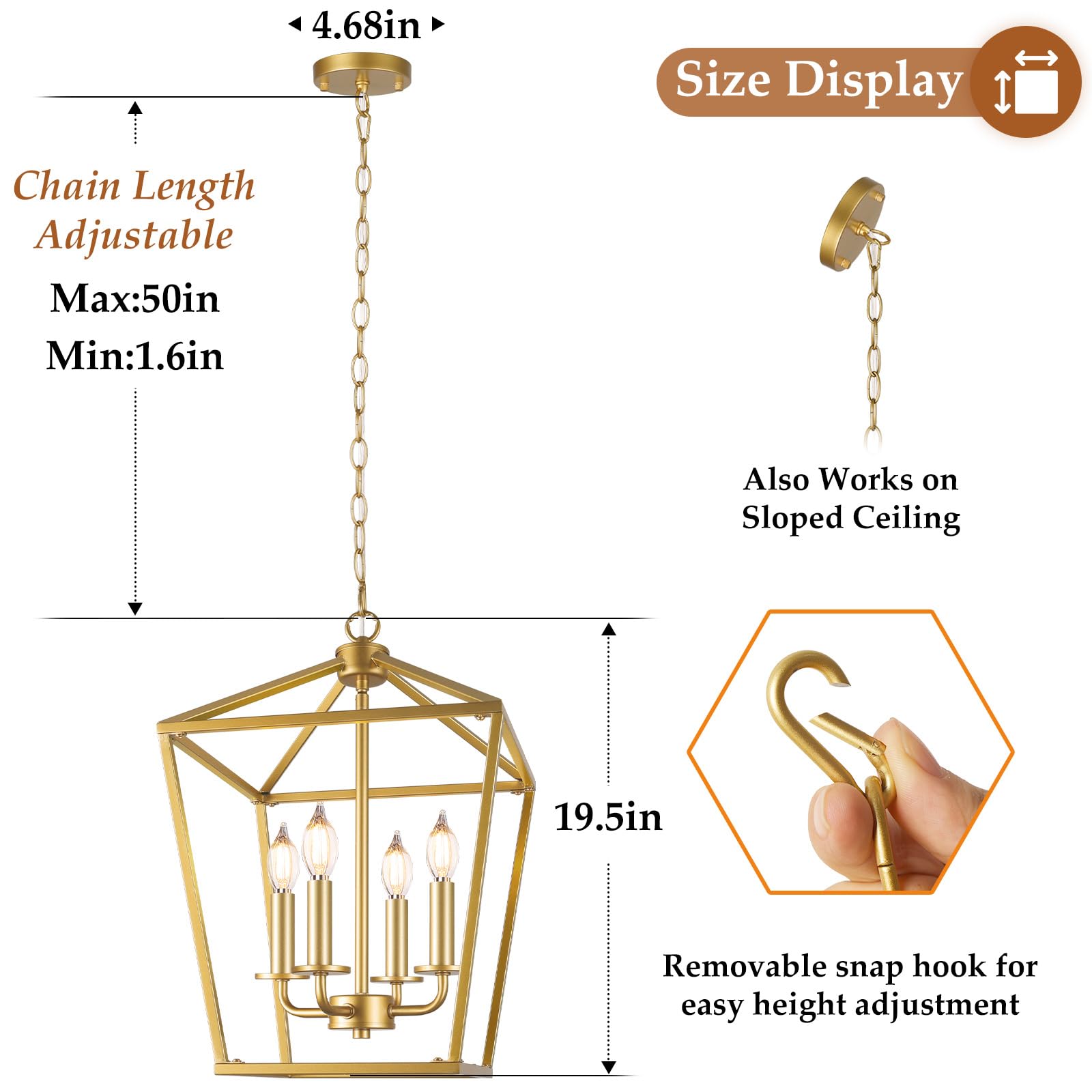 BrightHome Farmhouse Chandelier 4-Light Gold Metal Pendant Light Fixture for Kitchen Island, Adjustable Height, Model D3561.4GD