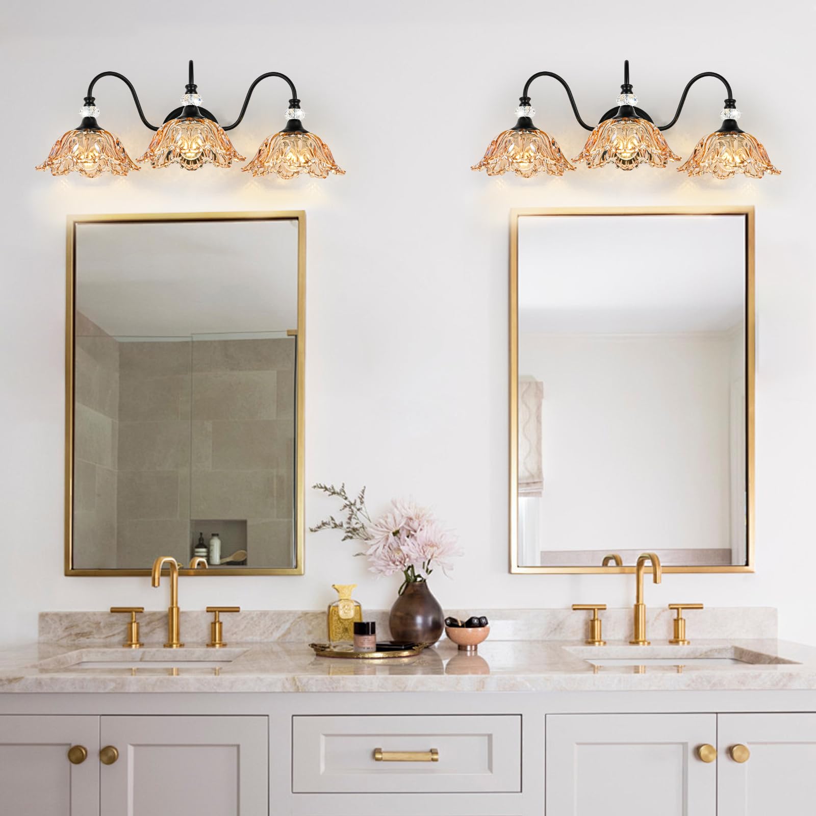 sunkryster 3-Light Bathroom Vanity Light, Black & Amber Floral Glass Shades, Vintage Farmhouse Wall Mount, Model Sun-104AB-3-Black-Amber
