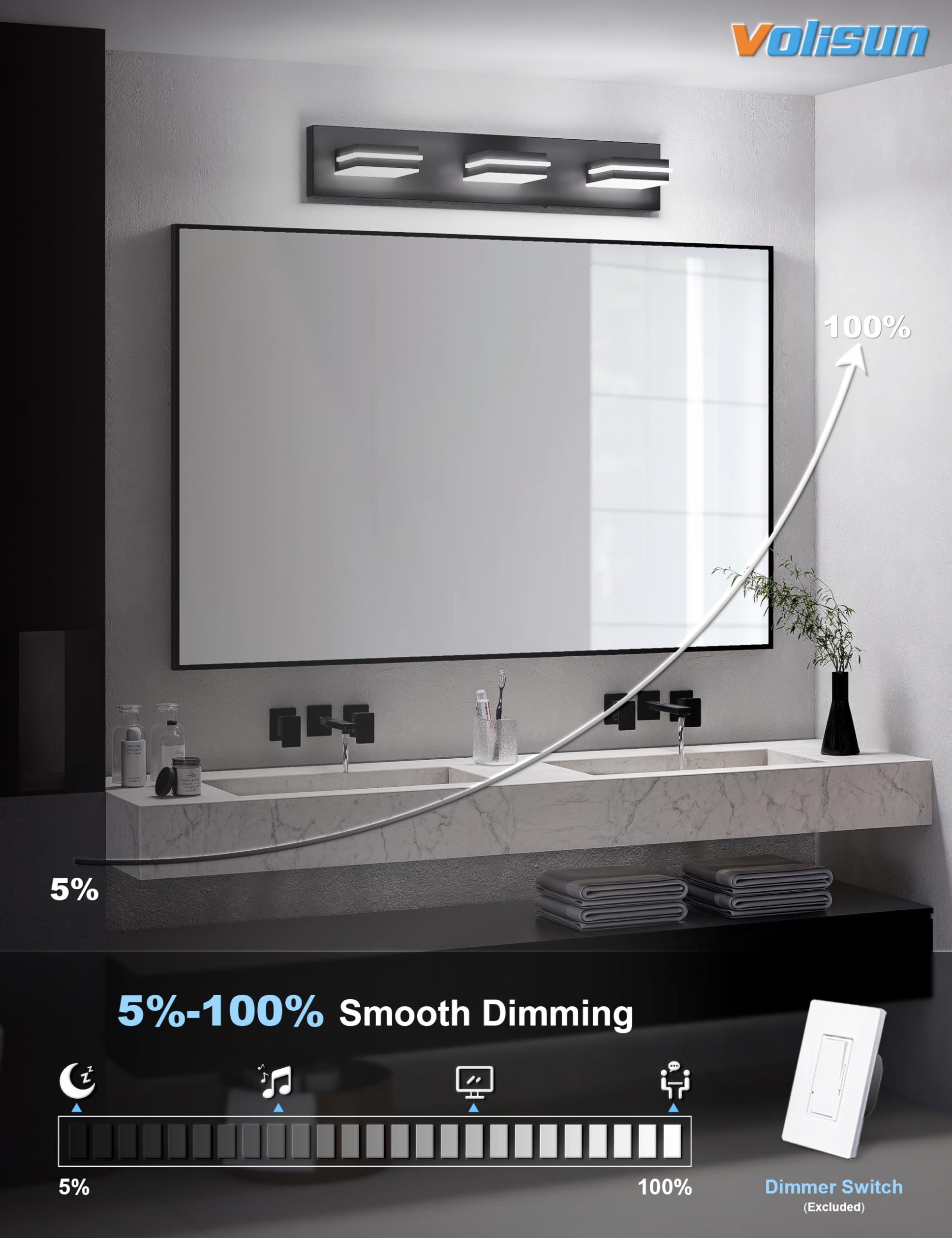 VOLISUN Bathroom Light Fixtures, 3-Light Dimmable LED Vanity Light, 24 Inch, 5CCT, 360° Rotatable, Black, Model 9553F
