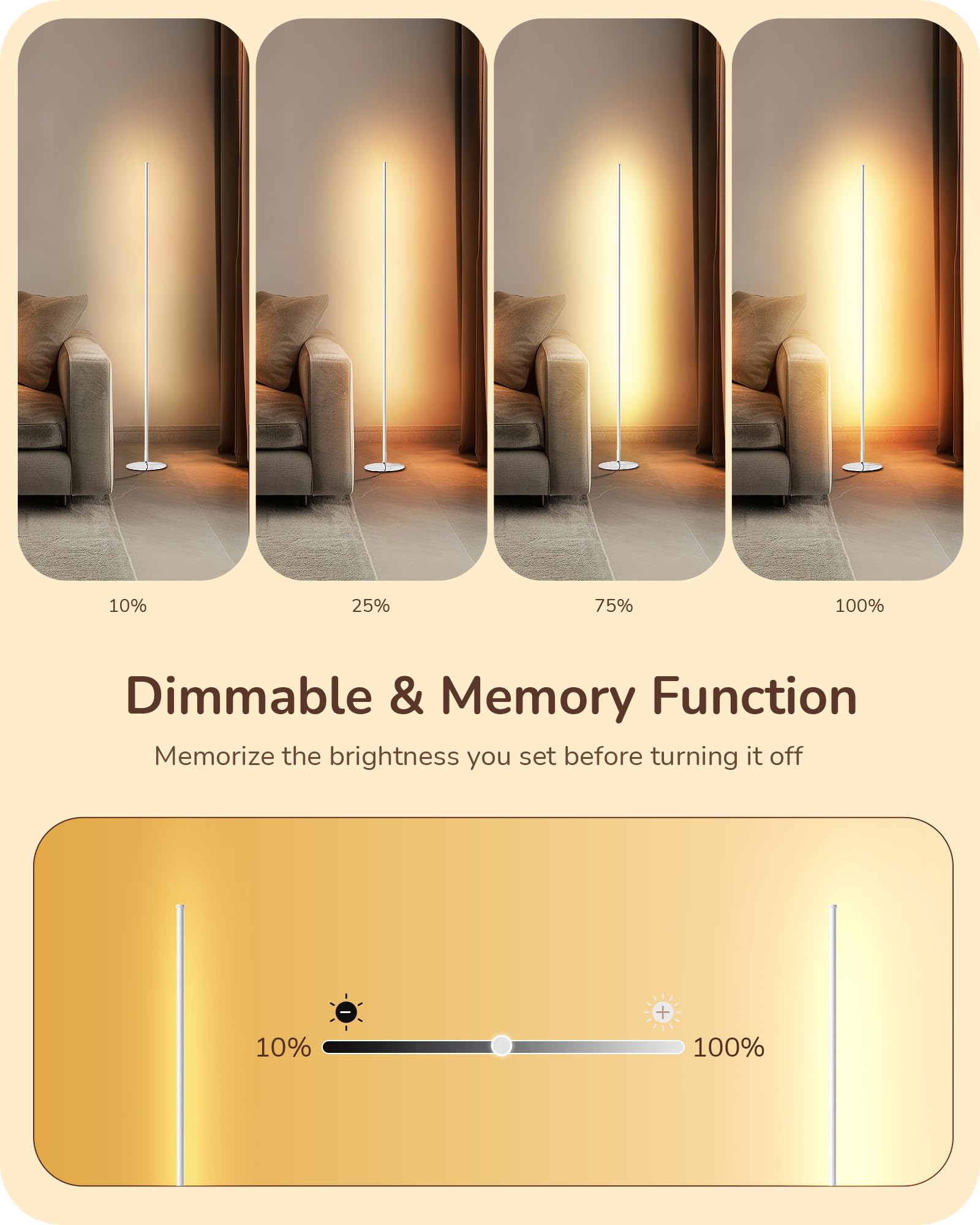 EDISHINE LED Corner Floor Lamp, 57.5in Dimmable, Minimalist Design, Aluminum, Warm White Light, White