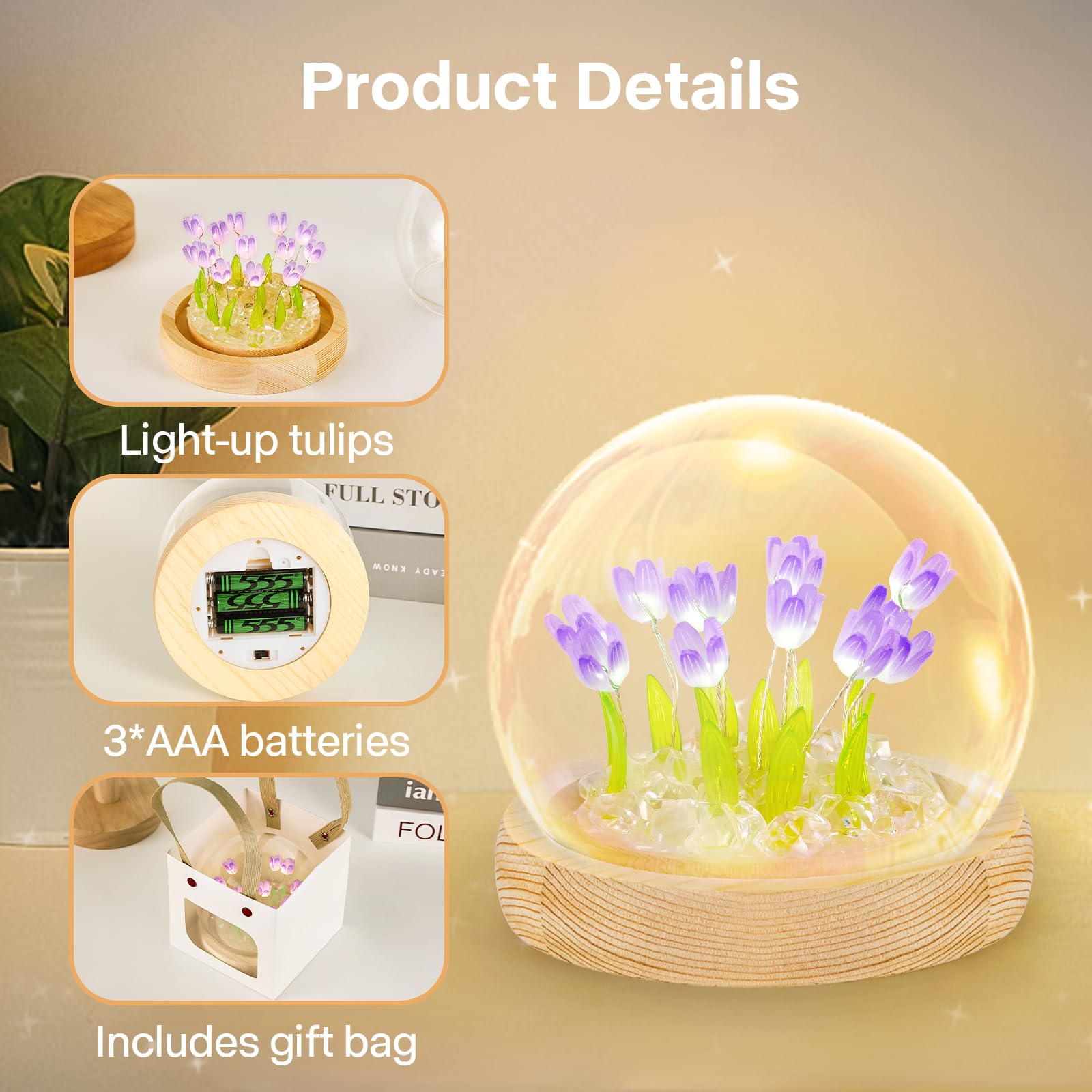 ONXE Glass Flower Night Light Lamp with Wooden Base, Purple Battery Powered Decor for Home, Unique Gift for Mom, Christmas, Birthday