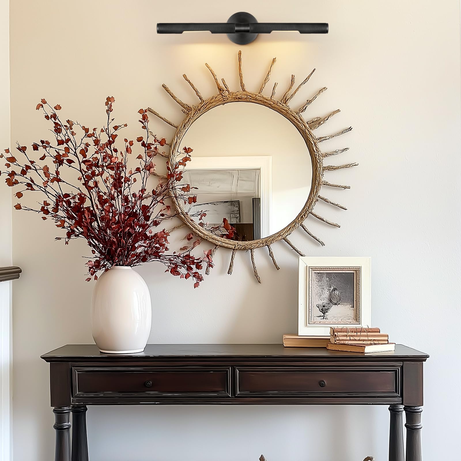 Hard-Wired Knurled Picture Light, 24In Black Picture Light For Wall, Dimmable Art Light, Rotatable 360 Picture Frame Light, Pain