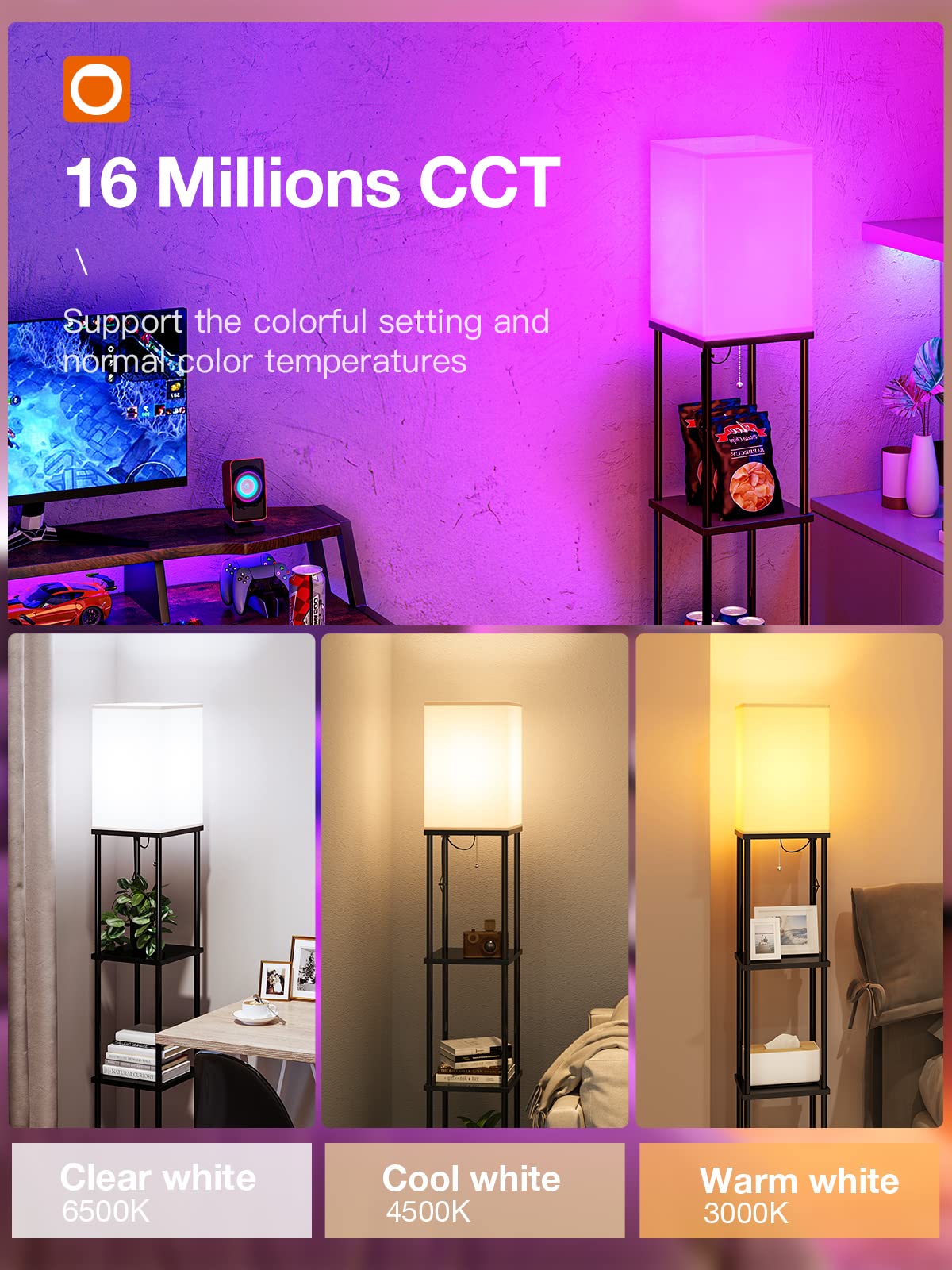 Addlon Floor Lamp With Shelves, 4-Tier Modern Shelf Lamp With Rgb Smart Bulb, App Control Standing Lamp With White Lamp Shade, F