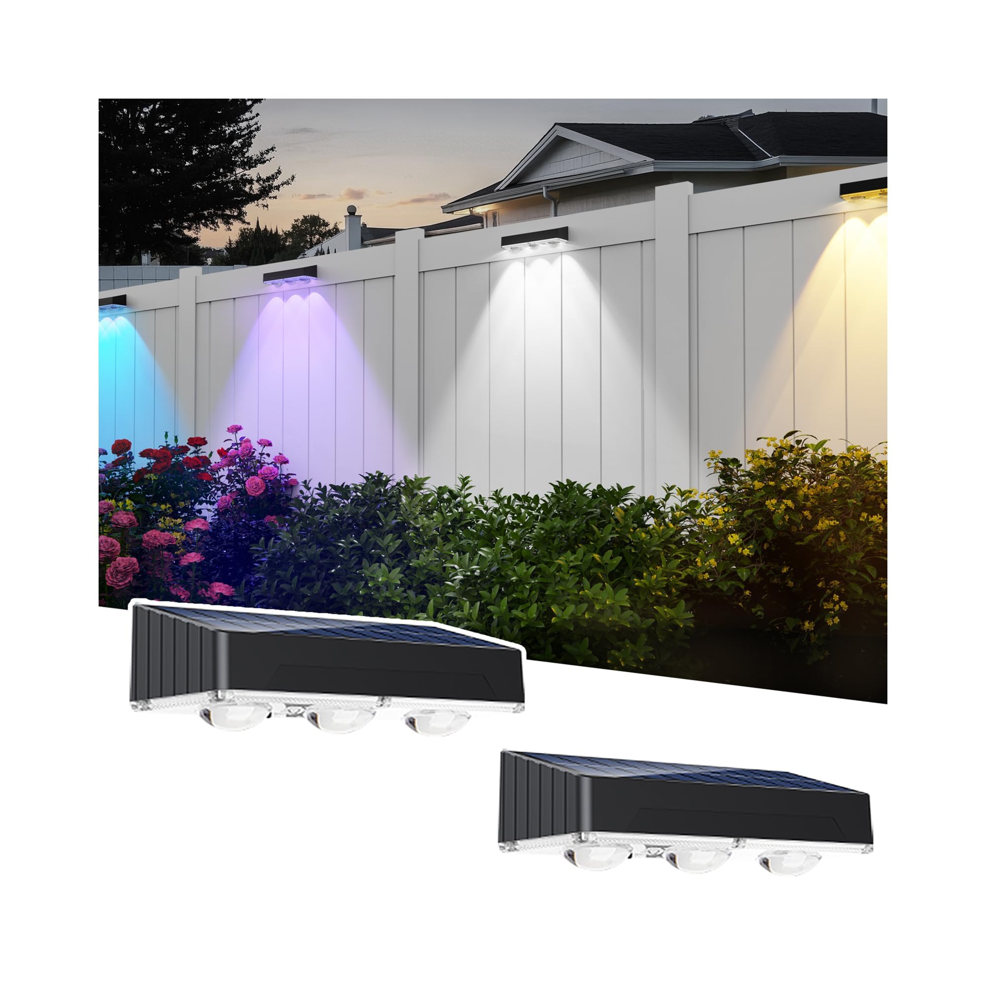 2 Pack Solar Fence Lights Outdoor  3 Bulbs RGB Color Glow LED  12 Modes RGB Color with IP65 Waterproof  Solar Lights for Wall  Backyard  Step  Railing  Patio  Pool  Porch  Holiday Decorations