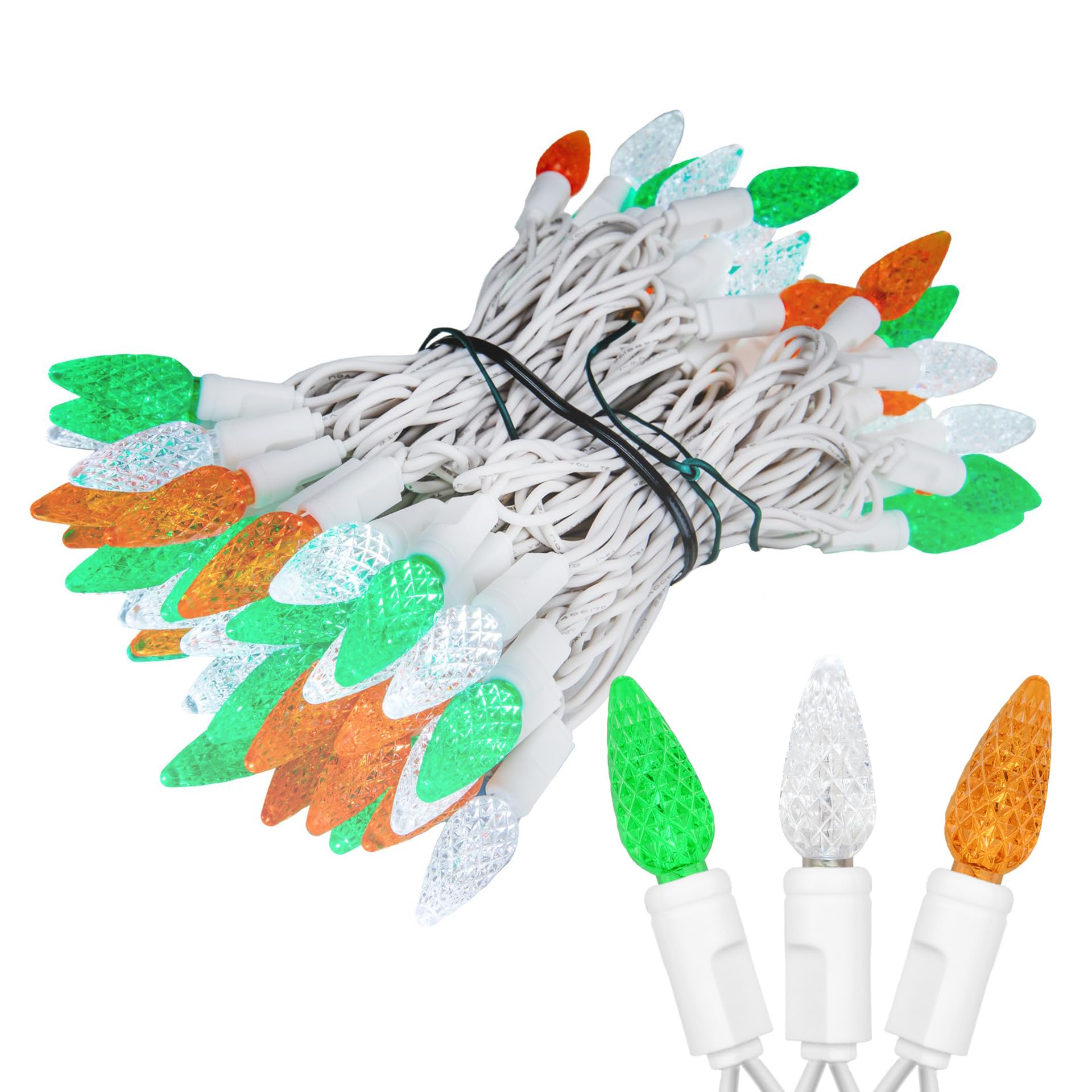 Novelty Lights 24FT LED C6 String Lights, White Wire, Green/White/Orange, Model MRD-35B-2, Outdoor Holiday Decorations