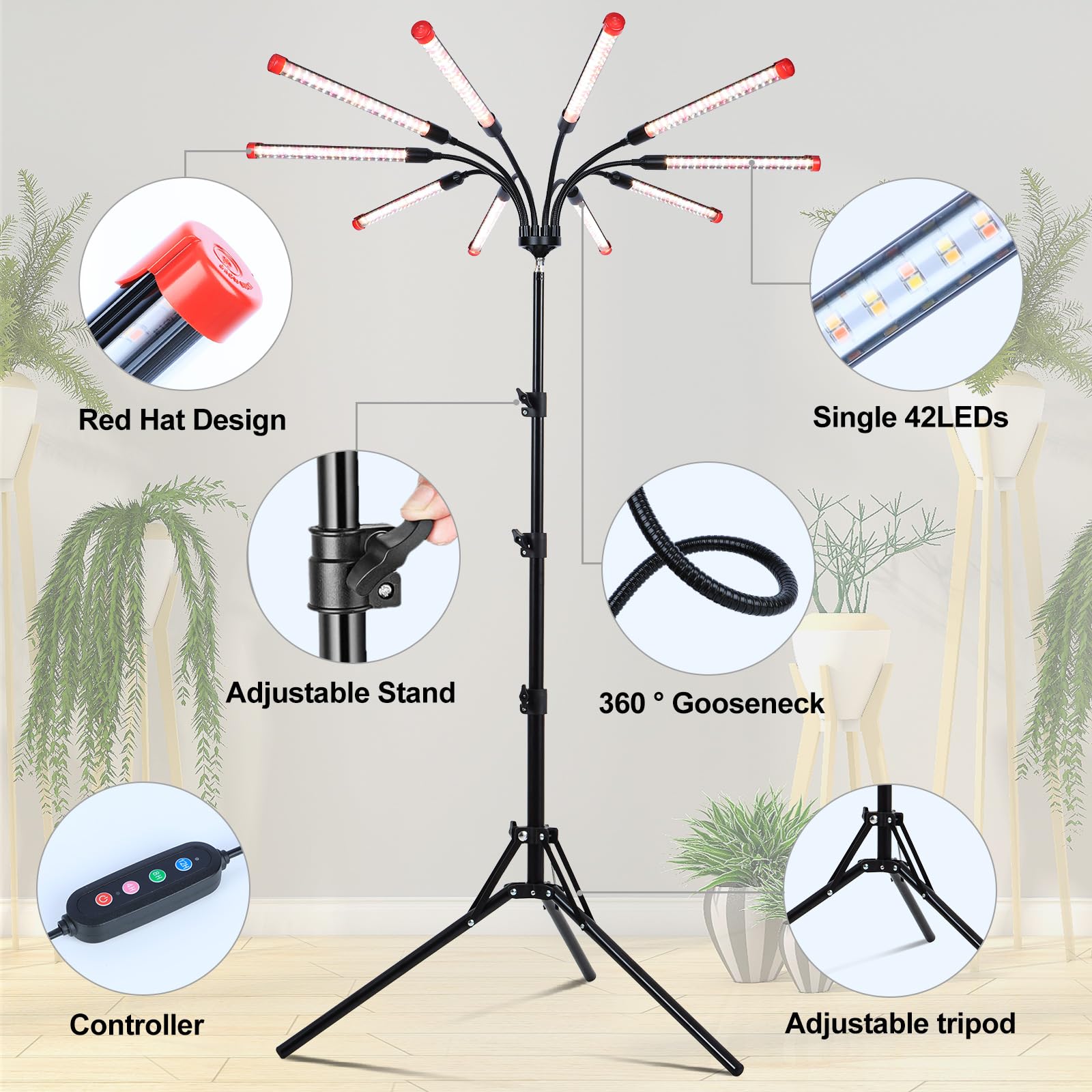 FRGROW 10-Head Grow Lights for Indoor Plants, 90W Full Spectrum, Auto Timer, Black, ZH_GL_RH, Tripod Stand