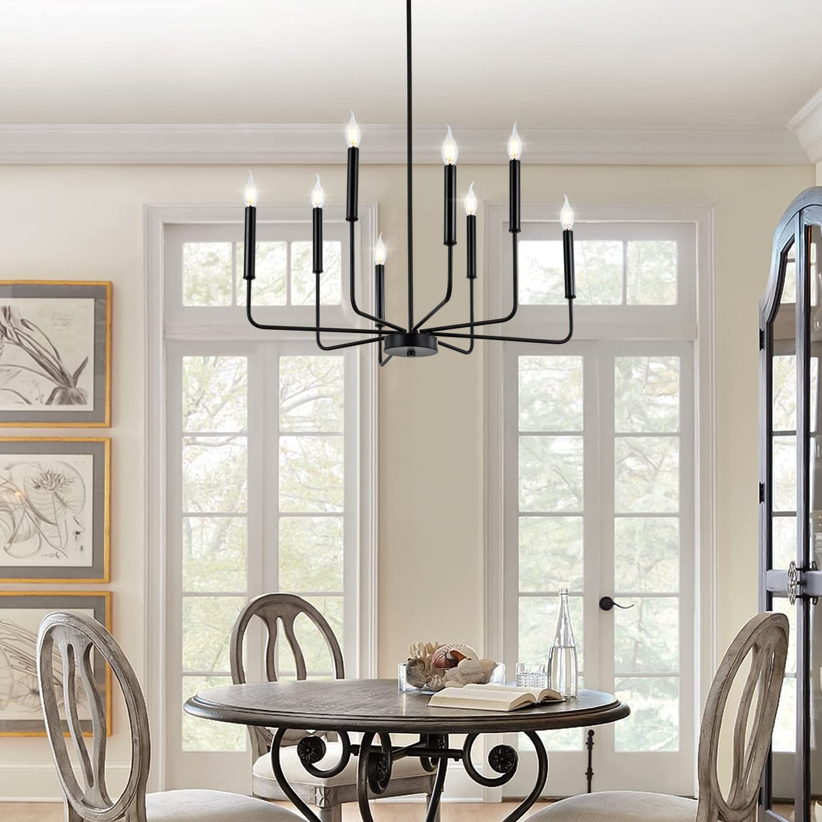 Woknos Modern Black Farmhouse Chandeliers, 8-Light Industrial Metal Chandelier Lighting, Classic Candle Hanging Pendant Light Fi