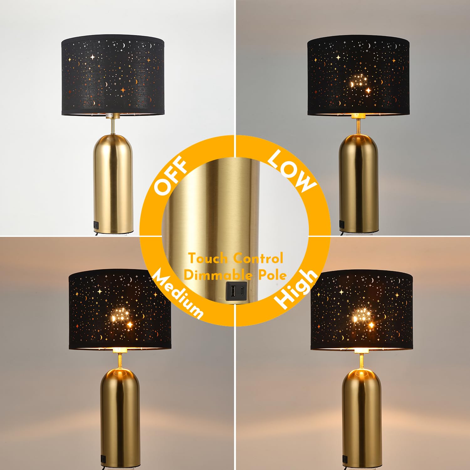 Touch Control Lamps Set Of 2 Gold Table Lamps 3-Way Dimmable With Usb A+C Ports Tall Modern End Table Lamps For Living Room Beds