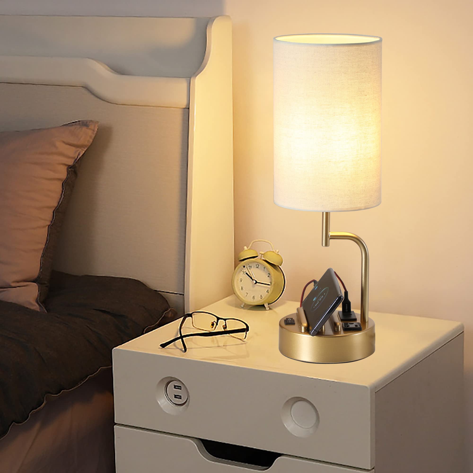Dreamholder Table Lamp with 3 USB Ports and AC Outlet, Gold, Pack of 2
