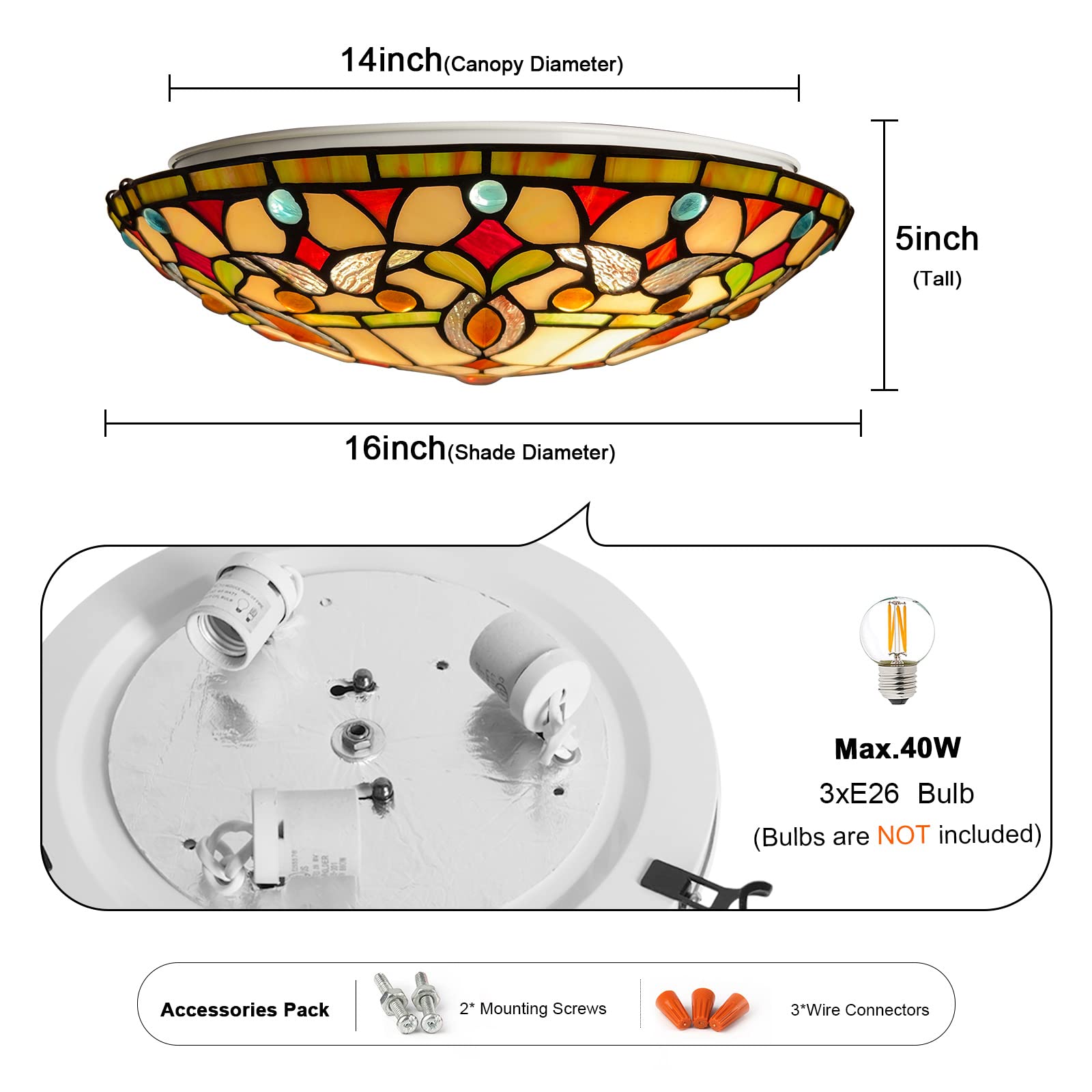 Artzone Tiffany Ceiling Light, 3-Lights Stained Glass Flush Mount, 16 Inch, Brown Cream, Model Ar164339Sf