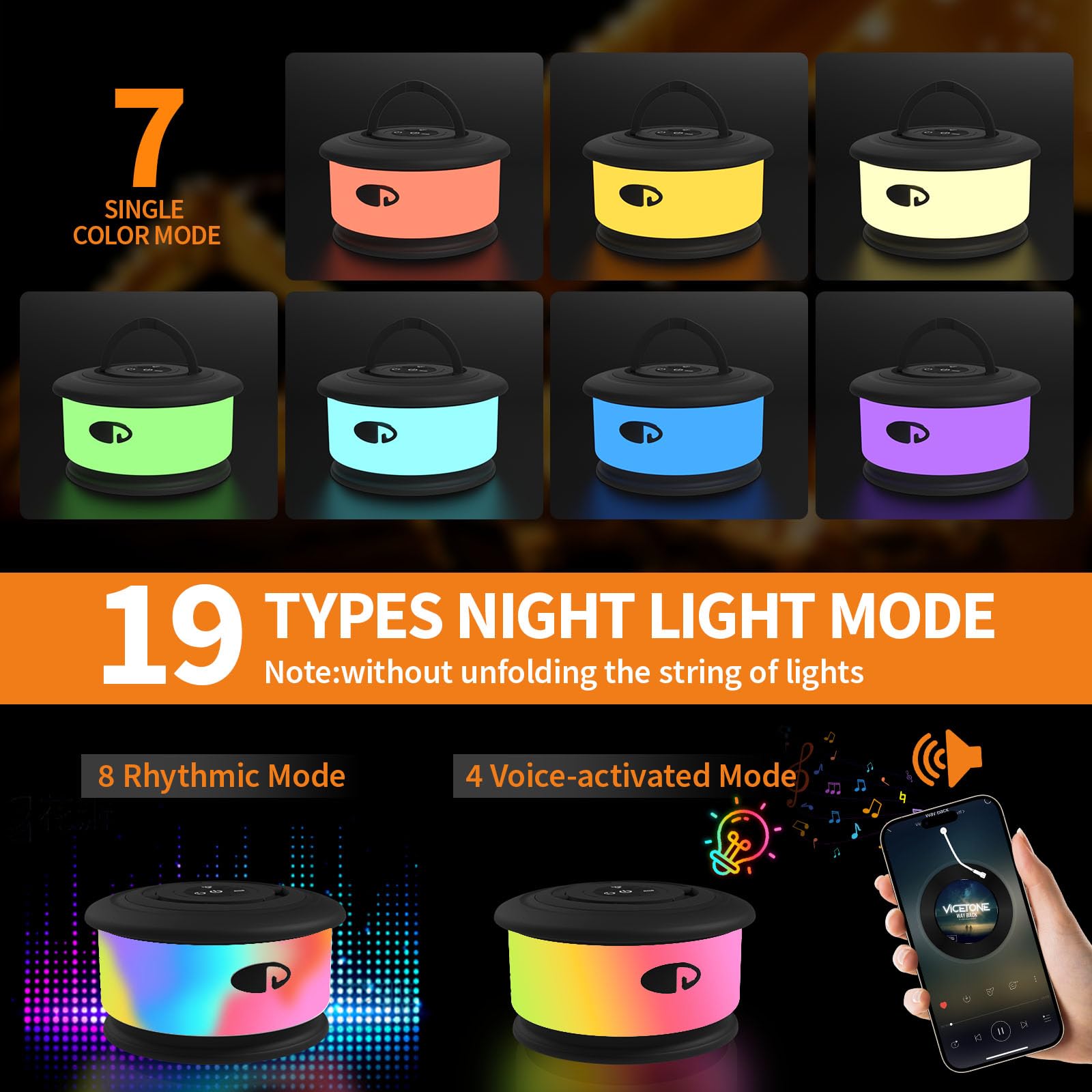 TOHETO Camping String Lights, 3 in 1 Retractable RGB, 19 Lighting Modes, 32.8 FT, Rechargeable, Black, Model JSK-L26