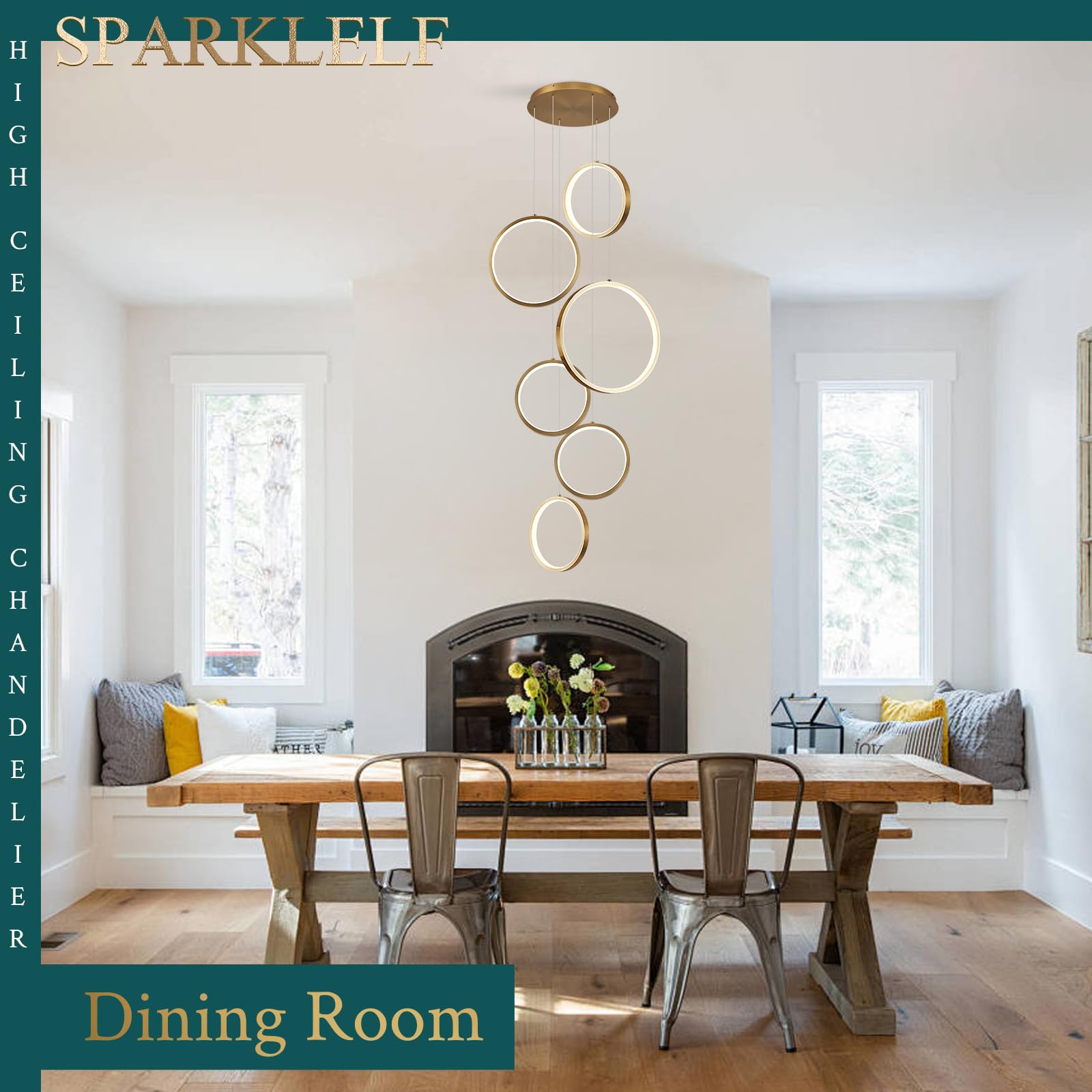 Sparklelf 6-Light Gold LED Chandelier, Dimmable Modern Pendant Fixture for High Ceilings, 3000-6500K, Ideal for Entryway & Dining Room