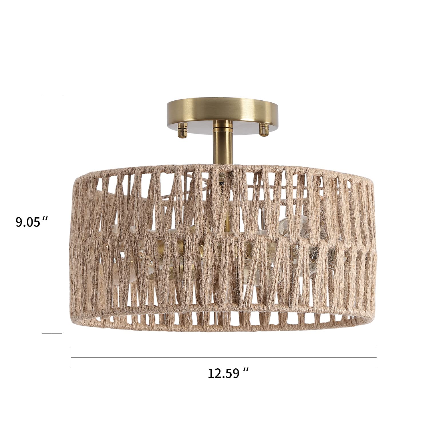 Hchunqjor 3-Light Antique Gold Woven Flush Mount Light Fixture Rustic Coastal Hemp Rope Brass Semi Flush Mount Ceiling Light For