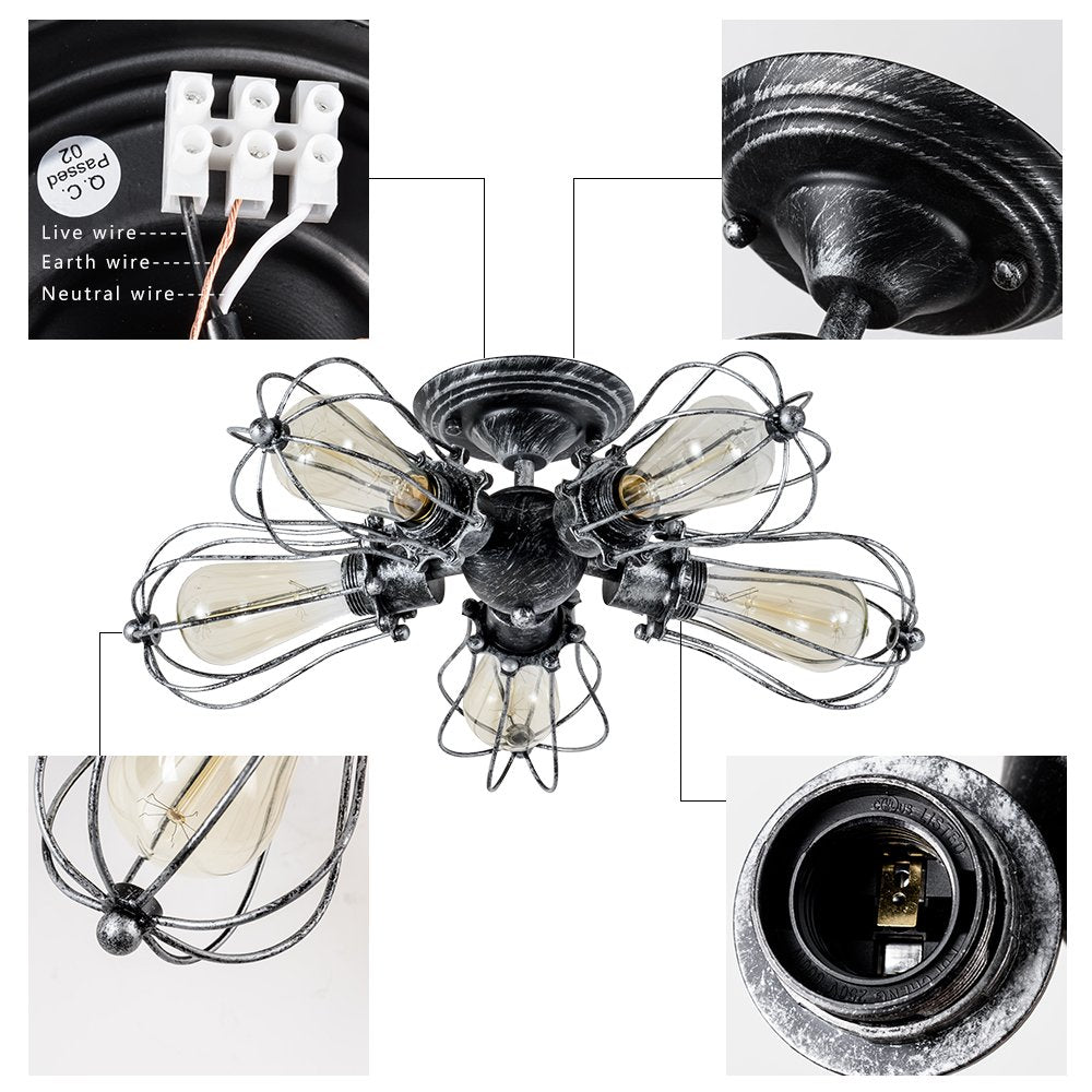 Moonkist Vintage Ceiling Light Industrial Semi-Flush Mount Ceiling Light Metal Fixtures Painted Finish (With 5 Light) (Silver)