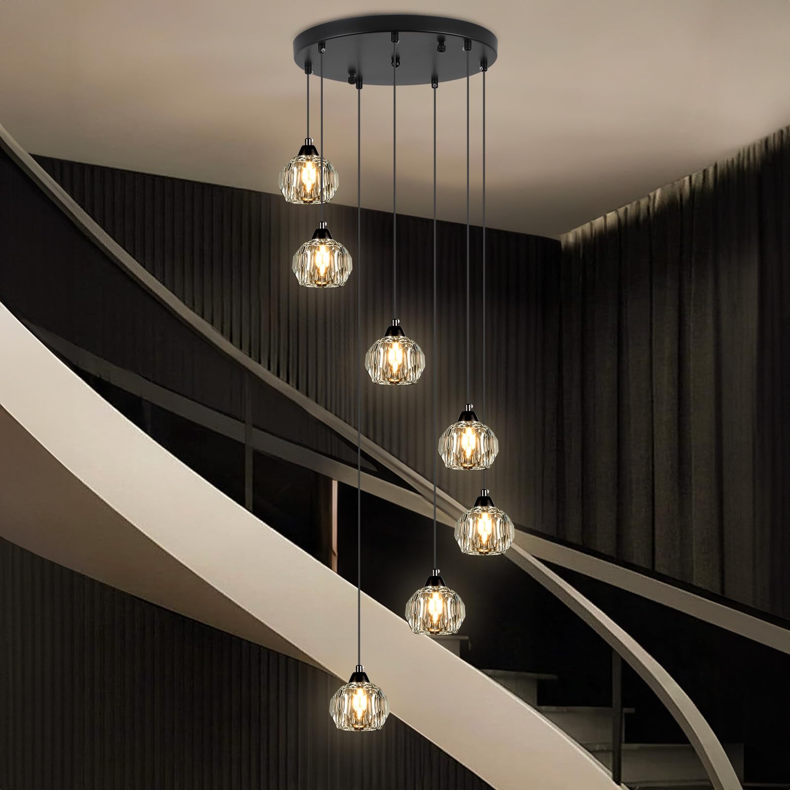 Weesalife 7-Light Black Crystal Chandelier for High Ceilings - Modern Pendant Light Fixture for Living Room, Kitchen, Foyer