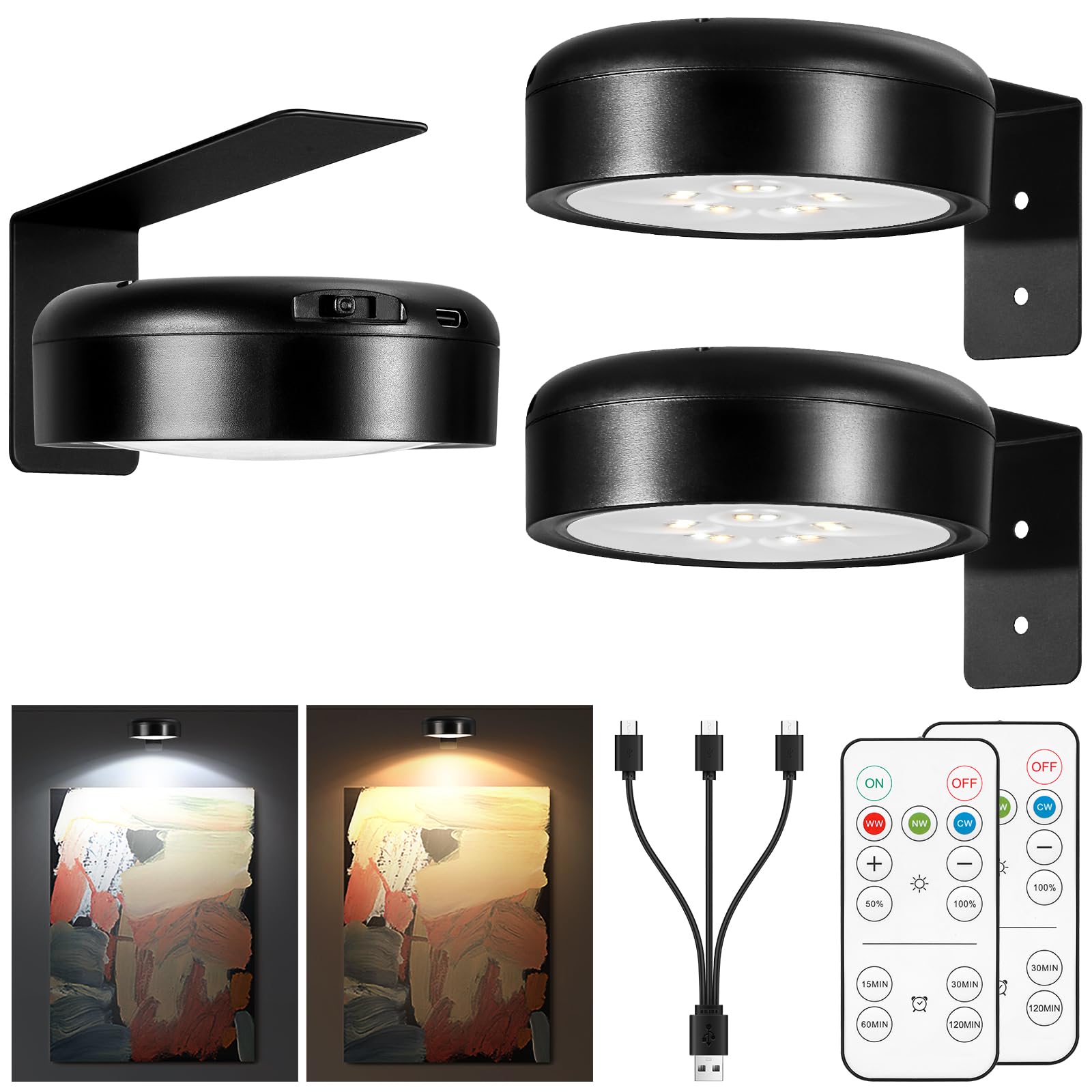 Arixinks Picture Light for Wall Display, Rechargeable, Wireless, Dimmable Brightness, 3 Color Temp, Black, 3-Pack, Model A-02