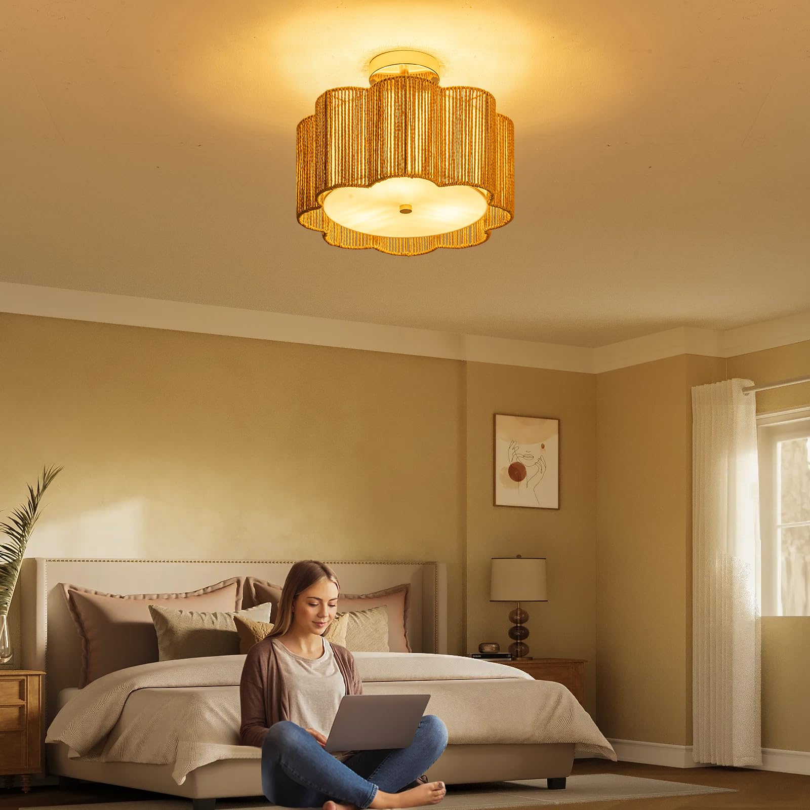Tbaoinla Boho Light Fixture & Rattan Chandelier - Golden Plum Blossom Ceiling Light With Silk Road Artistry, Flush Mount Design