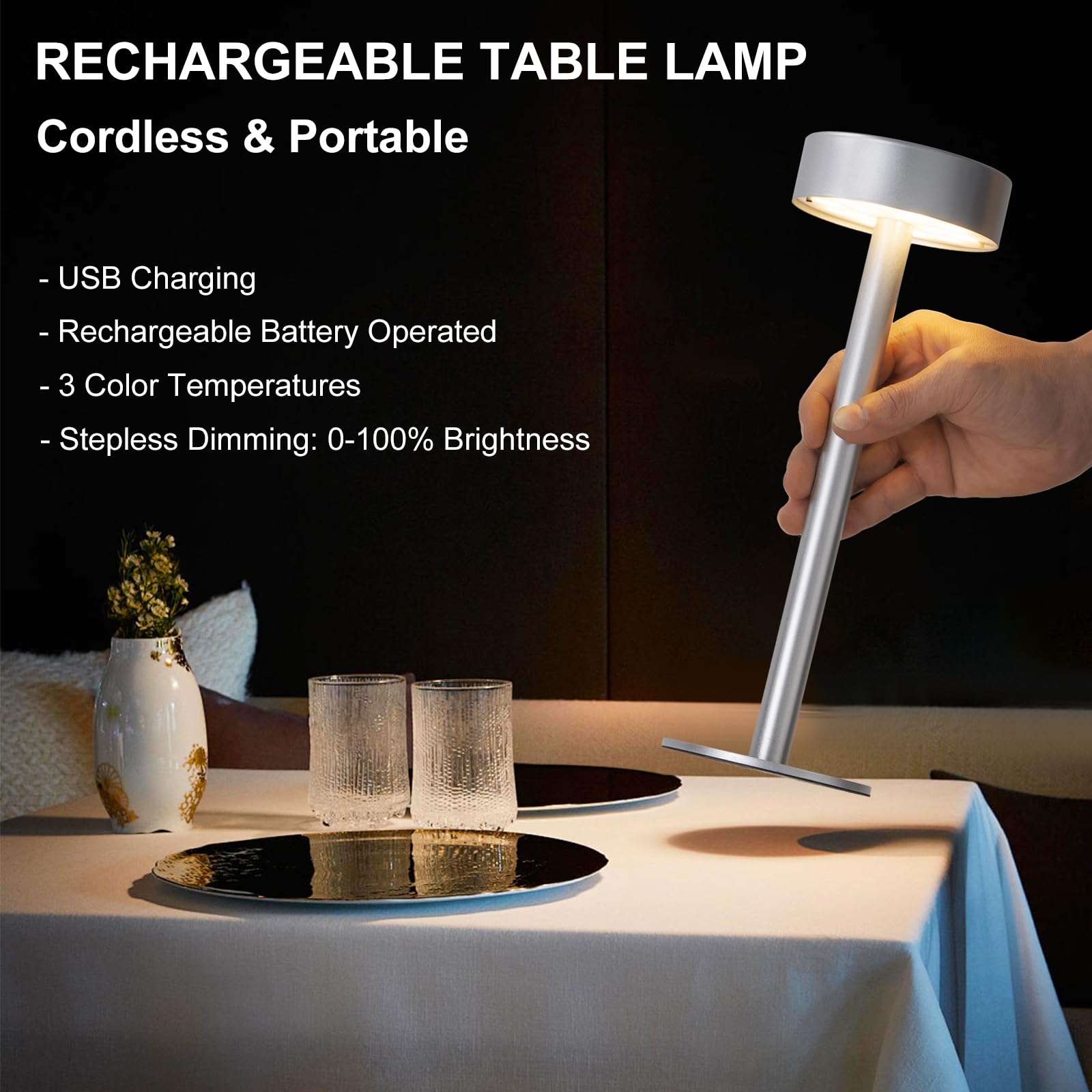 Briever 2 Pack Cordless Table Lamps, Rechargeable Battery Operated Lamp With 3 Colors Stepless Dimming, Portables Led Desk Lamp
