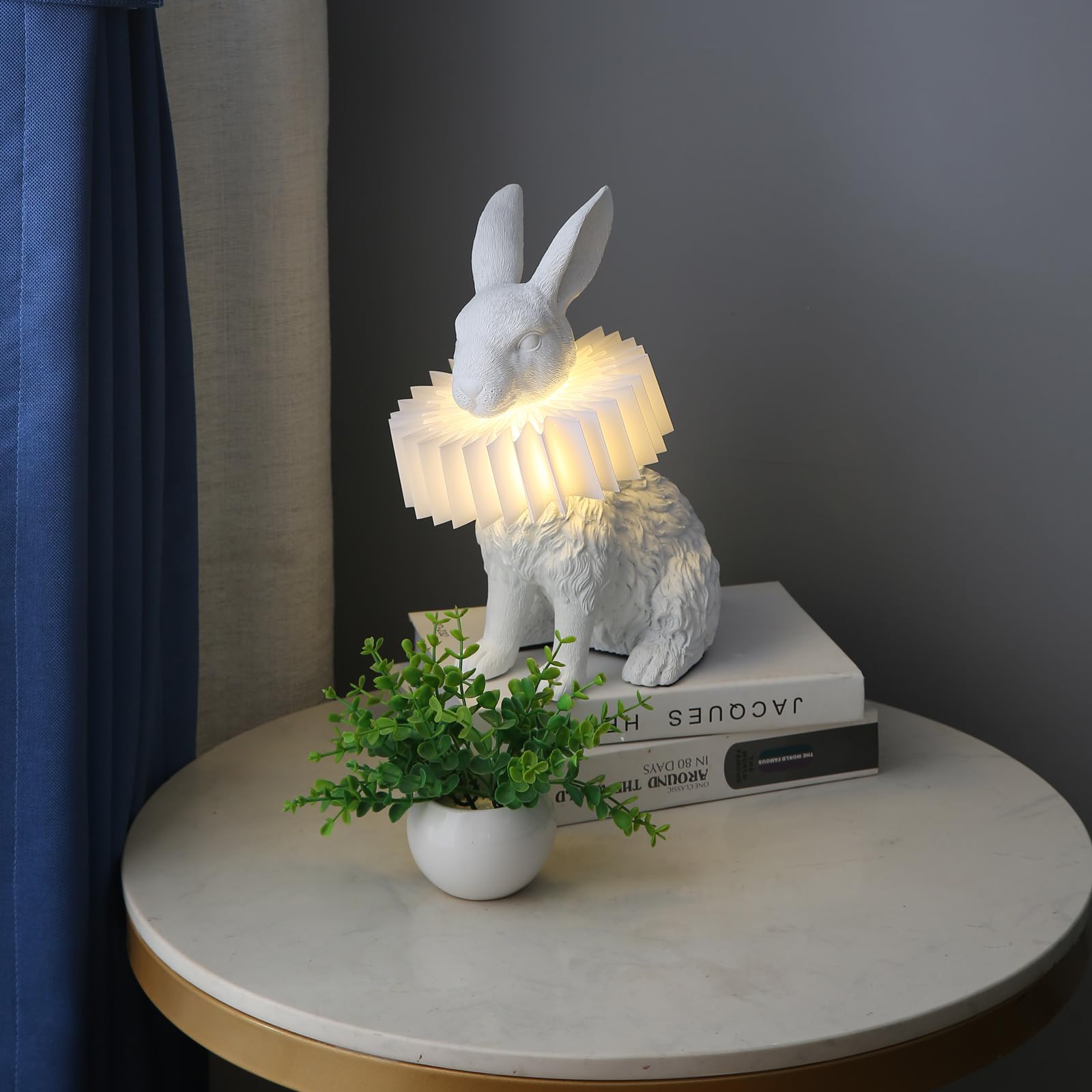 Lazhug White Scarf Rabbit Table Lamp,Resin Crafted Bunny Lamp Featuring White Pleated Pc Lampshade,Usb Plug,Low Voltage Energy-E