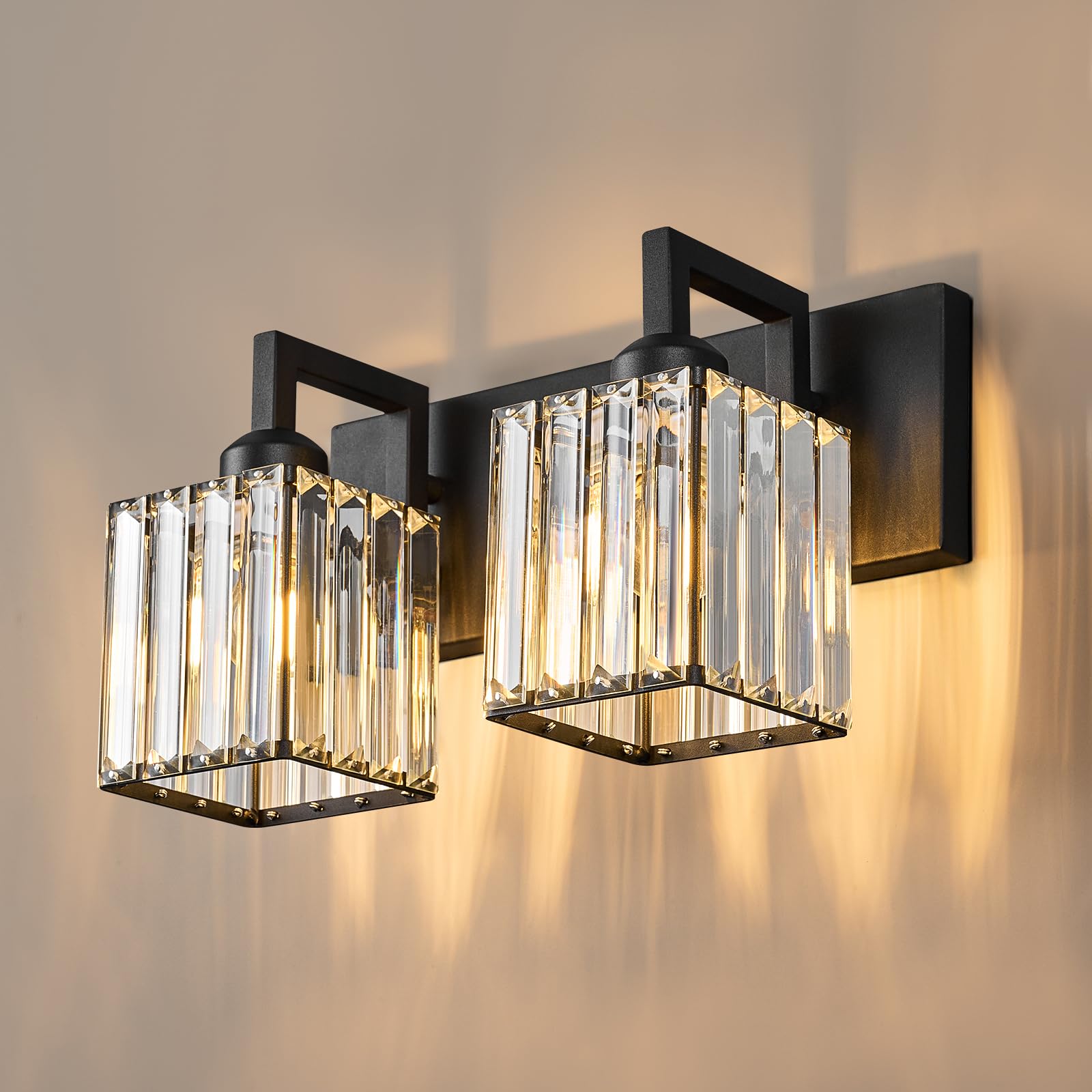FDPBY Modern Crystal Bathroom Vanity Light 2-Light Metal Wall Lamp Black JW-003