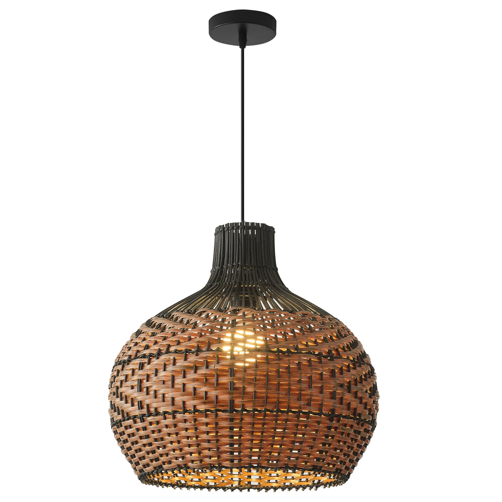 Teru Ji Kaikang 15" Rattan Pendant Light, 3-Light Hand-Woven Boho Chandelier, Black Brown Faux Rattan for Living Room, Kitchen, Dining