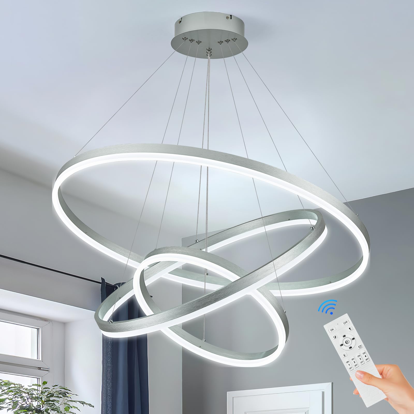 Sparklelf Modern LED Chandelier, Dimmable Pendant Light, 3 Rings, 31.5in, Silver, Model SE-P60-3SDC1, Remote Control, 300