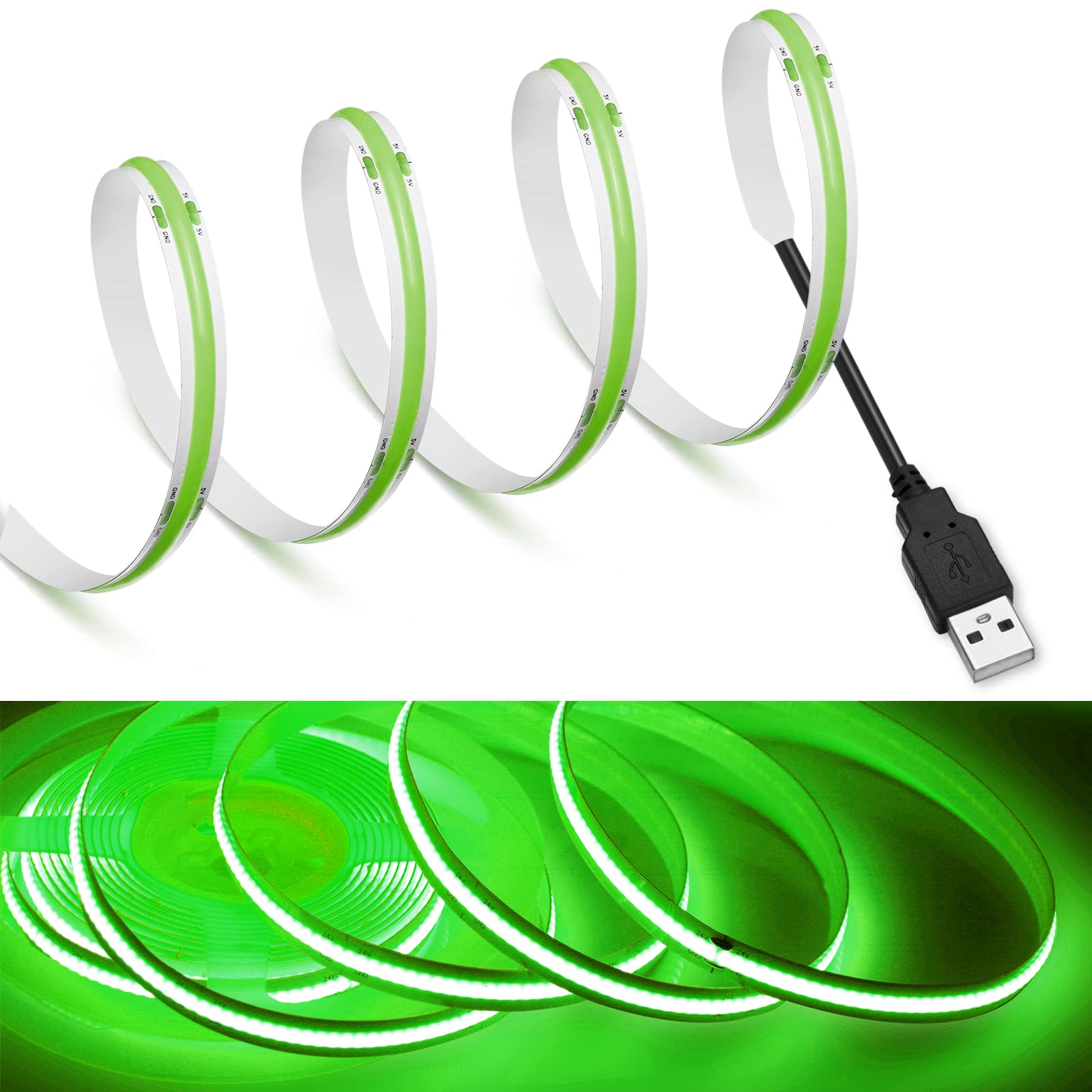 MDee COB LED Strip Lights 9.84ft USB Powered 5V Flexible Green 320 LEDs/m CRI 90+ for Indoor/Outdoor Décor