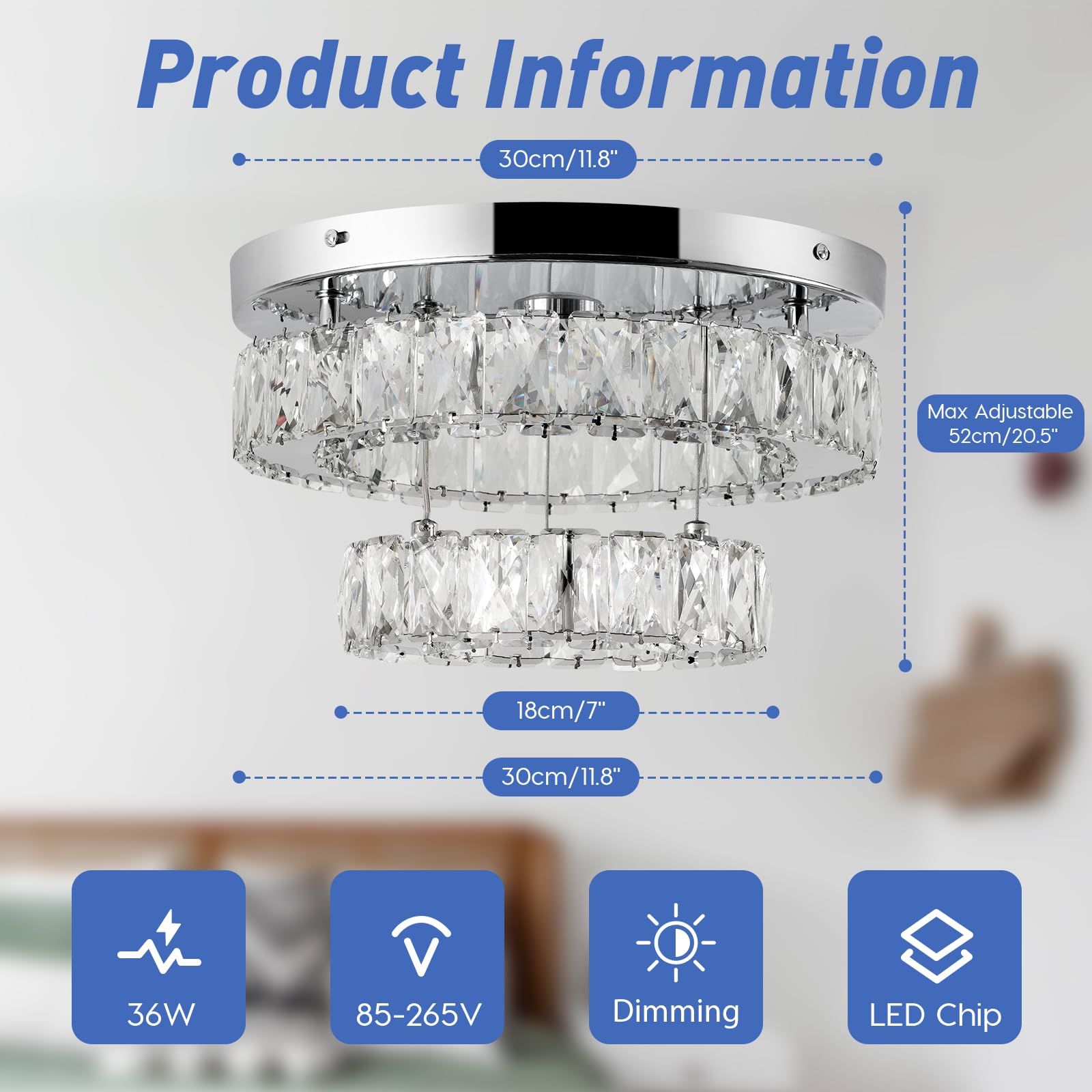 Leontyne 11.8 Inch Dimmable Modern Crystal Chandelier 2-Layer Round Crystal Led Ceiling Light Flush Mount Chandelier Fixture For