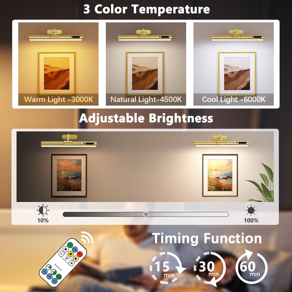 Hapfish Motion Sensor Wall Sconce, Wireless Rechargeable Picture Light, Remote Control, Gold