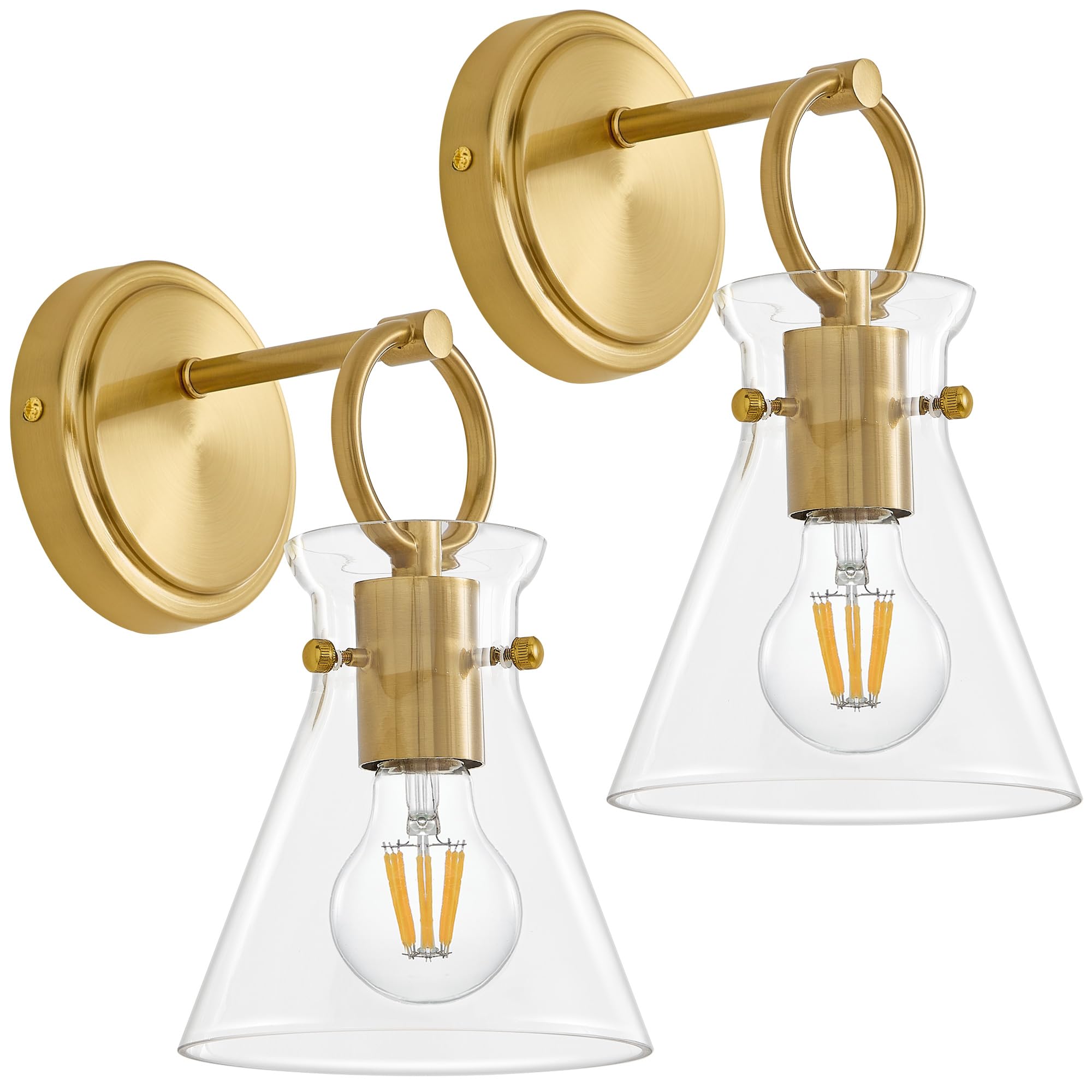 Gednbo Gold Wall Sconces Set Of 2 Modern Vanity Light Fixtures For Bathroom Wall Mount Lighting Lamp Hardwired Farmhouse Wall Lights With 6 Inch Clear Glass Shade For Bedroom Living Room Mirror
