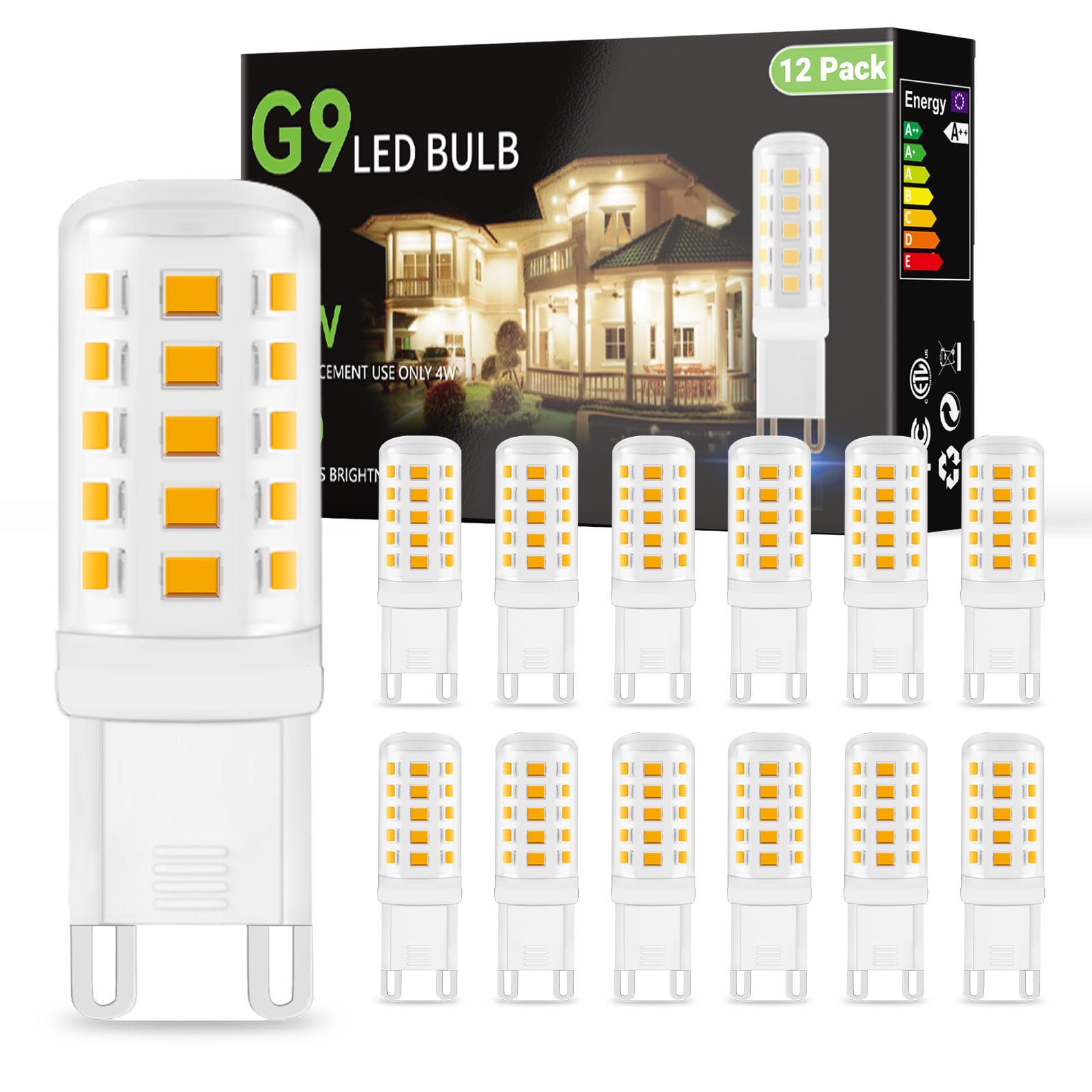 Daybetter G9 Led Bulb 12 Pack 3000K Soft Warm White 4W, Equivalen G9 Halogen Light Bulb 40 Watt, T4 G9 Bi Pin Ceramic Base, 120V