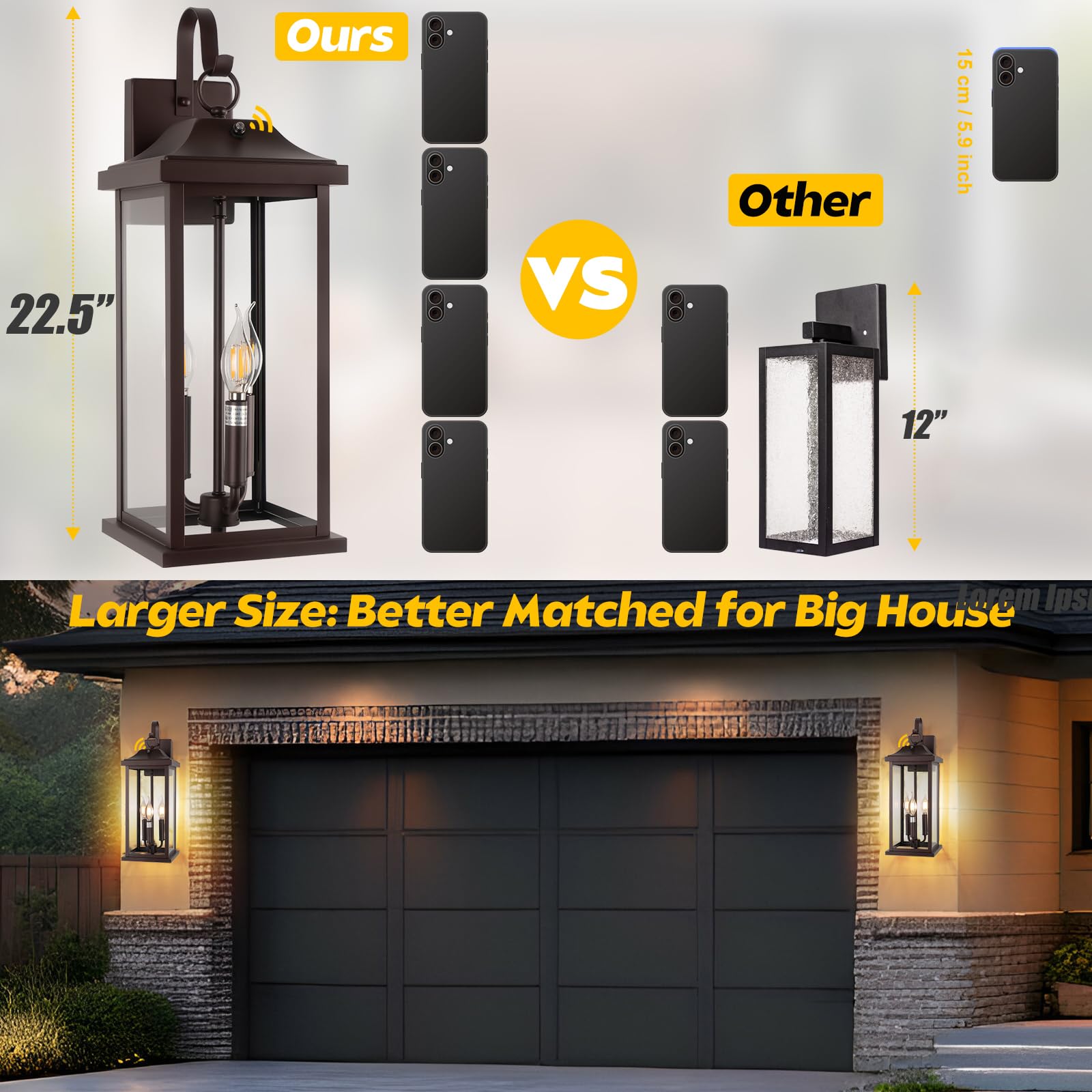 Roravilila 2-Pack Outdoor Light Fixtures, 23” Dusk to Dawn, Oil Rubbed Bronze, 3-Light, Vintage Brown Wall Lanterns, E12