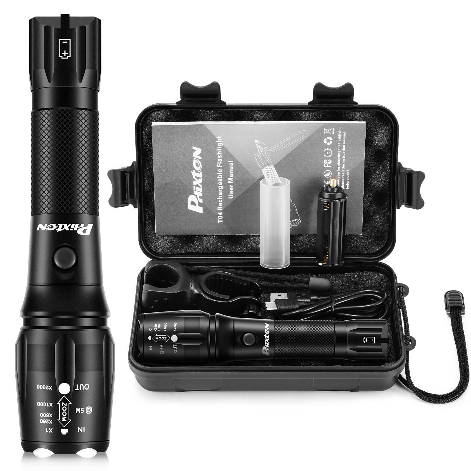 PHIXTON Rechargeable LED Flashlight, 5000 Lumen, USB-C, Adjustable Focus, Black, Aluminum, Handheld, 5 Modes