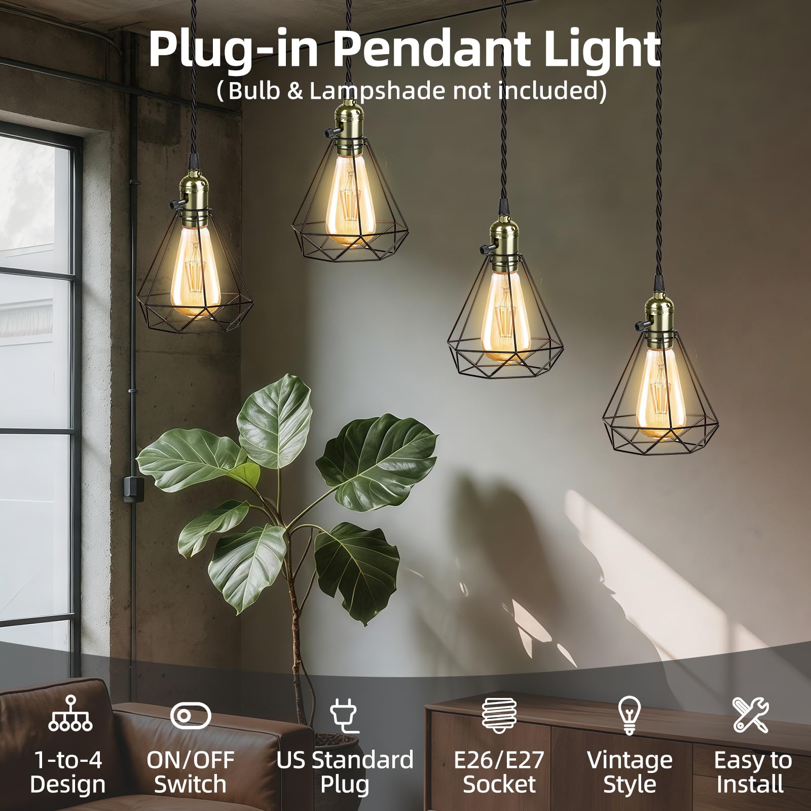 Aokpsrt Vintage Plug-in Pendant Light Kit, 4 E26/E27 Sockets, Metal, Bronze, JD-120, DIY Industrial Lighting for Living Room & Patio