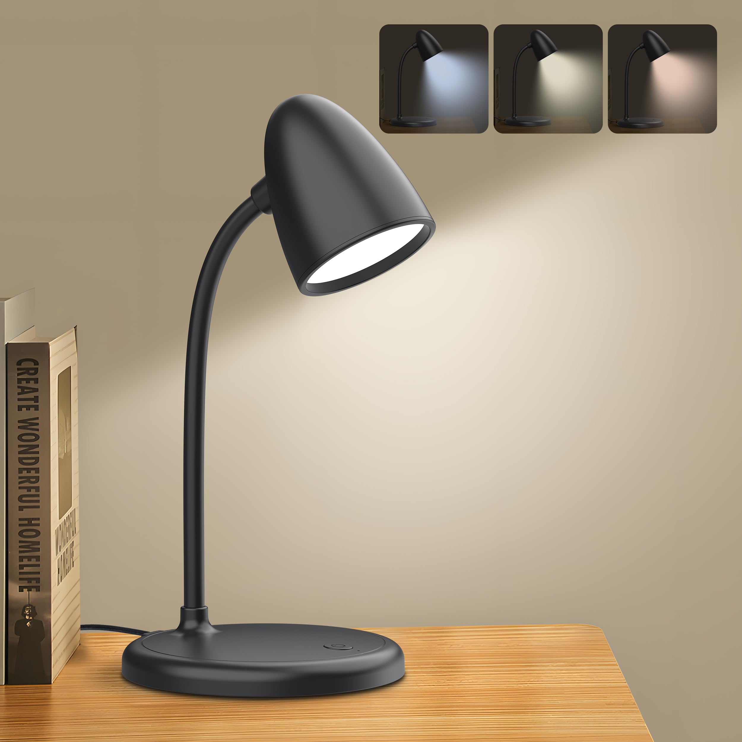RORENSE LED Desk Lamp, Dimmable, 3 Light Colors, Gooseneck, Small Size, Black, Model tyv90