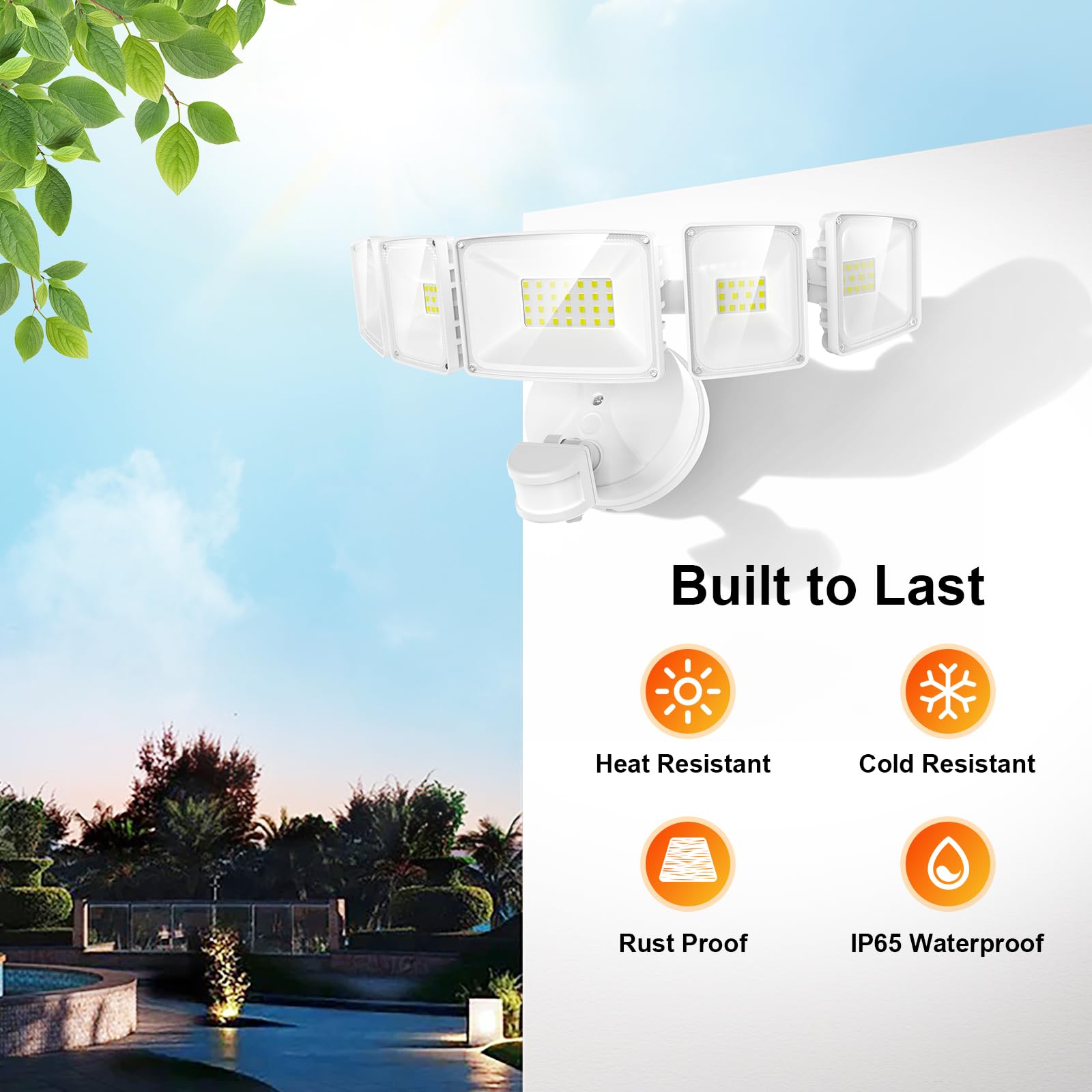 Onforu LED Security Lights 5 Heads 55W Motion Sensor 5000LM IP65 Waterproof Standard-size White Model BDBS55G-5