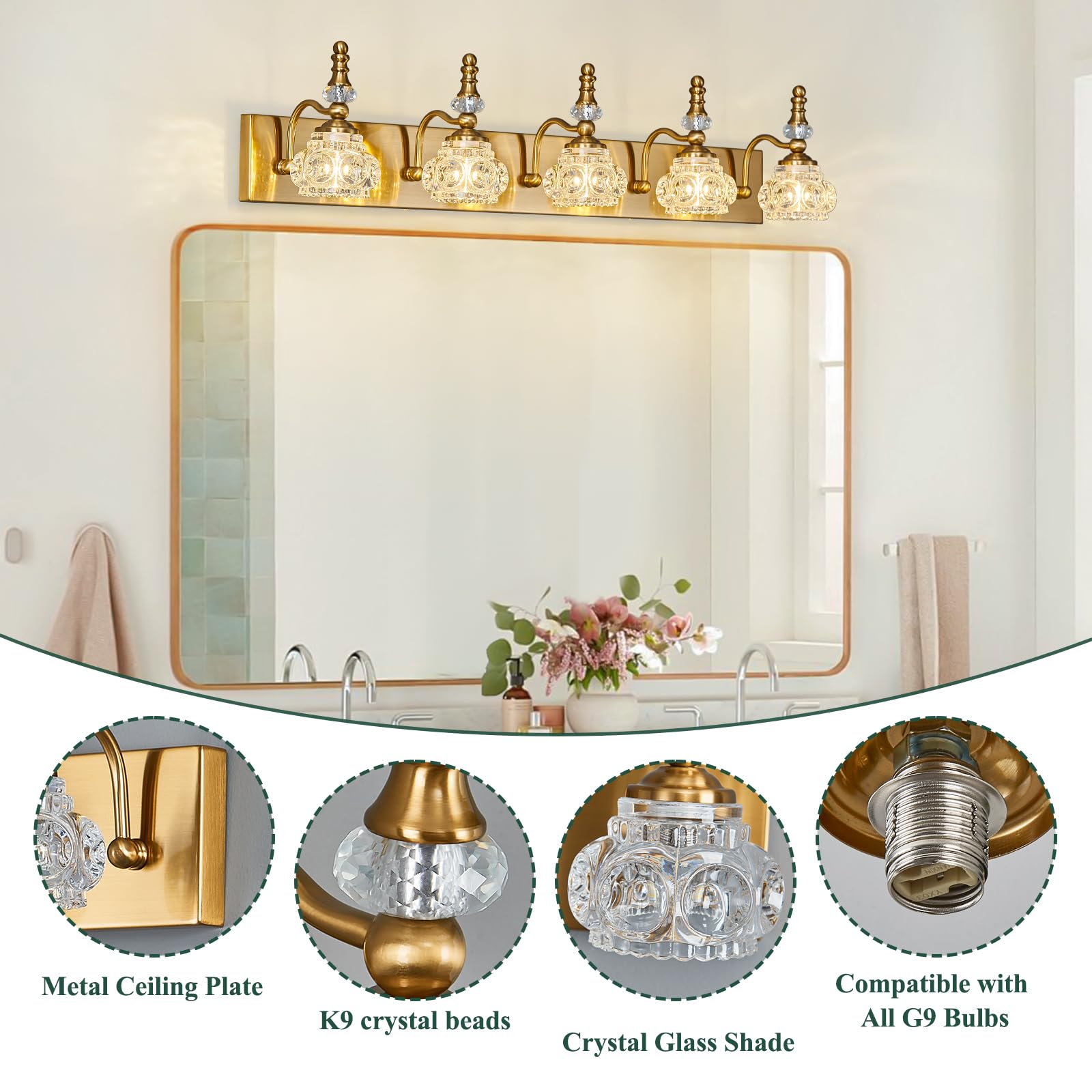 Lbsqj Modern Glass Crystal Vanity Light - Vintage Bathroom Lighting Fixtures Over Mirror  5 Light Vanity Lights G9 Bulb (35.43 Inch  Gold)