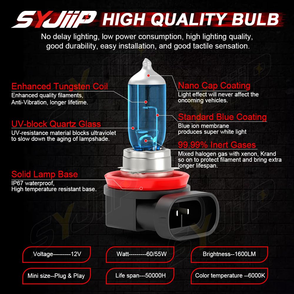SYJIIP Halogen Headlight Bulbs H9 H11 for Nissan Sentra 2013-2022, 6000K White, 300% Brightness, 4-Pack