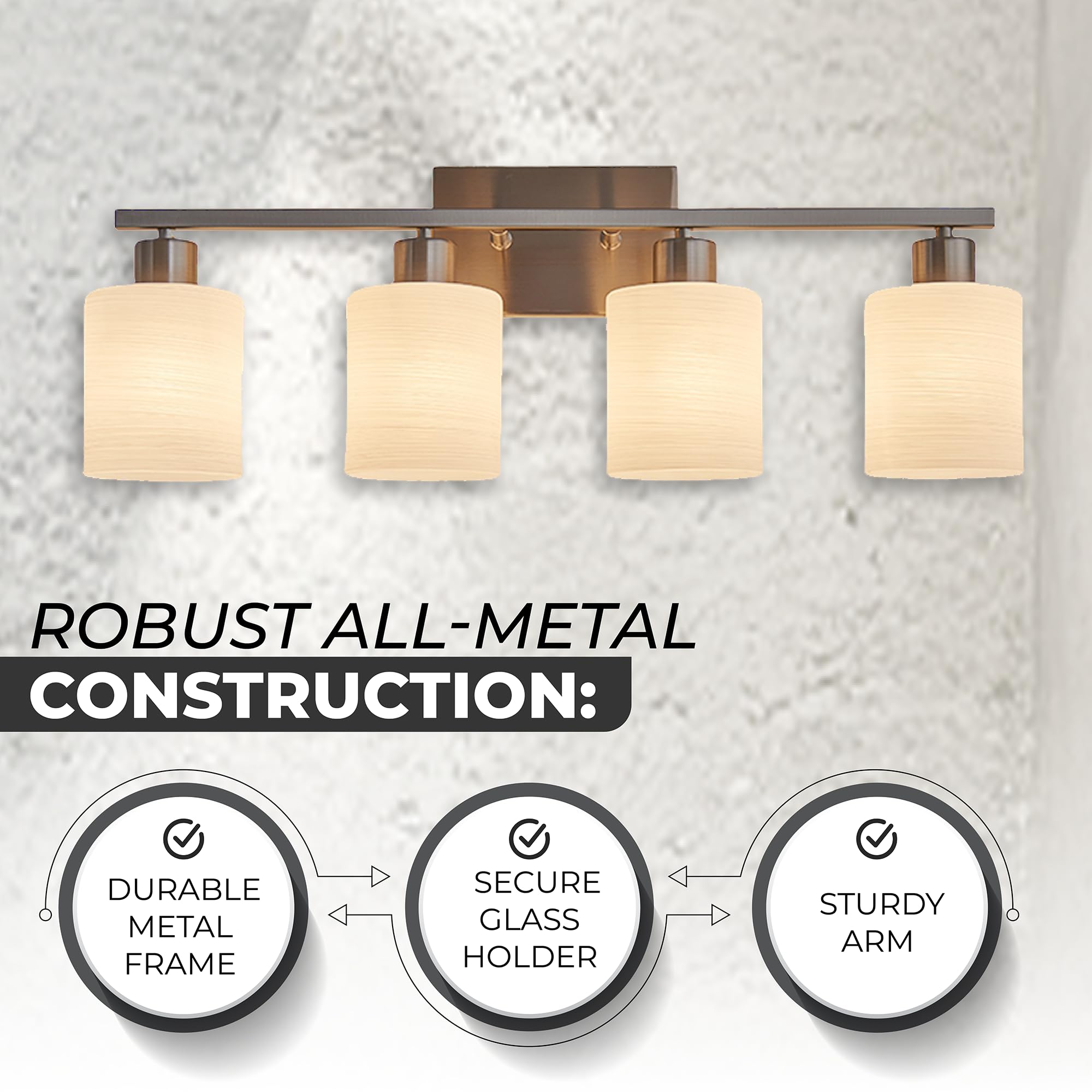 The Door Bull Modern Bathroom Vanity Light, Brushed Nickel, 4 Lights, Milky White Glass Shades, Model VNT-1000