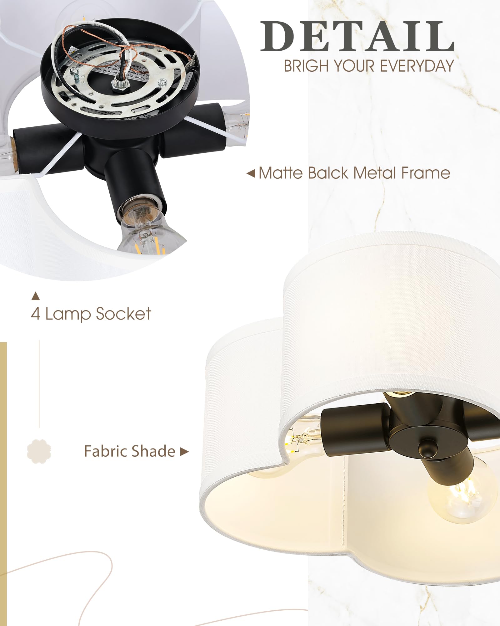 Audickic Black Flush Mount Ceiling Light, 4-Light 14Inch Light Fixtures Ceiling Mount With Fabric Shade In Quatrefoil Shape, Cei
