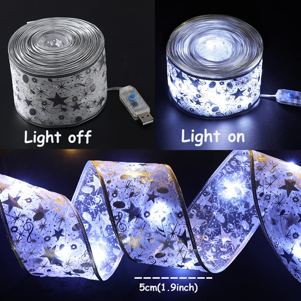Gihoo Christmas Tree Decorations String Lights 32Ft 100 Led Lights Copper Wire Ribbon Bows Lights For Party Weddings Holiday Christmas Tree Decorations (Width 5Cm Silvery Cold Light)